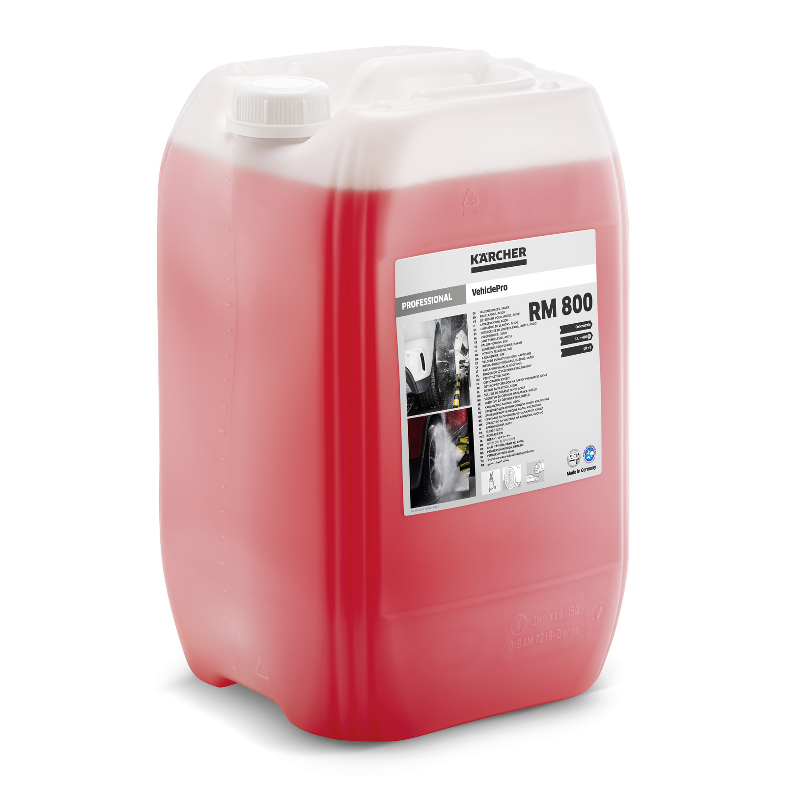 Red Kärcher RM 800 detergent container with label, featuring product details and images. Red Kärcher RM 800 detergent container with label, featuring product details and images.