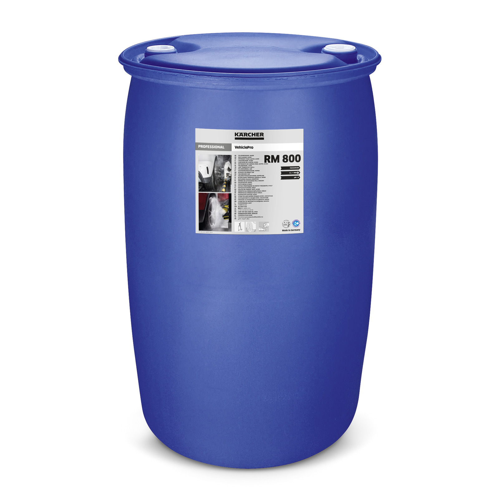 Blue plastic barrel with a Kärcher RM 800 label, featuring product details and images. Blue plastic barrel with a Kärcher RM 800 label, featuring product details and images.