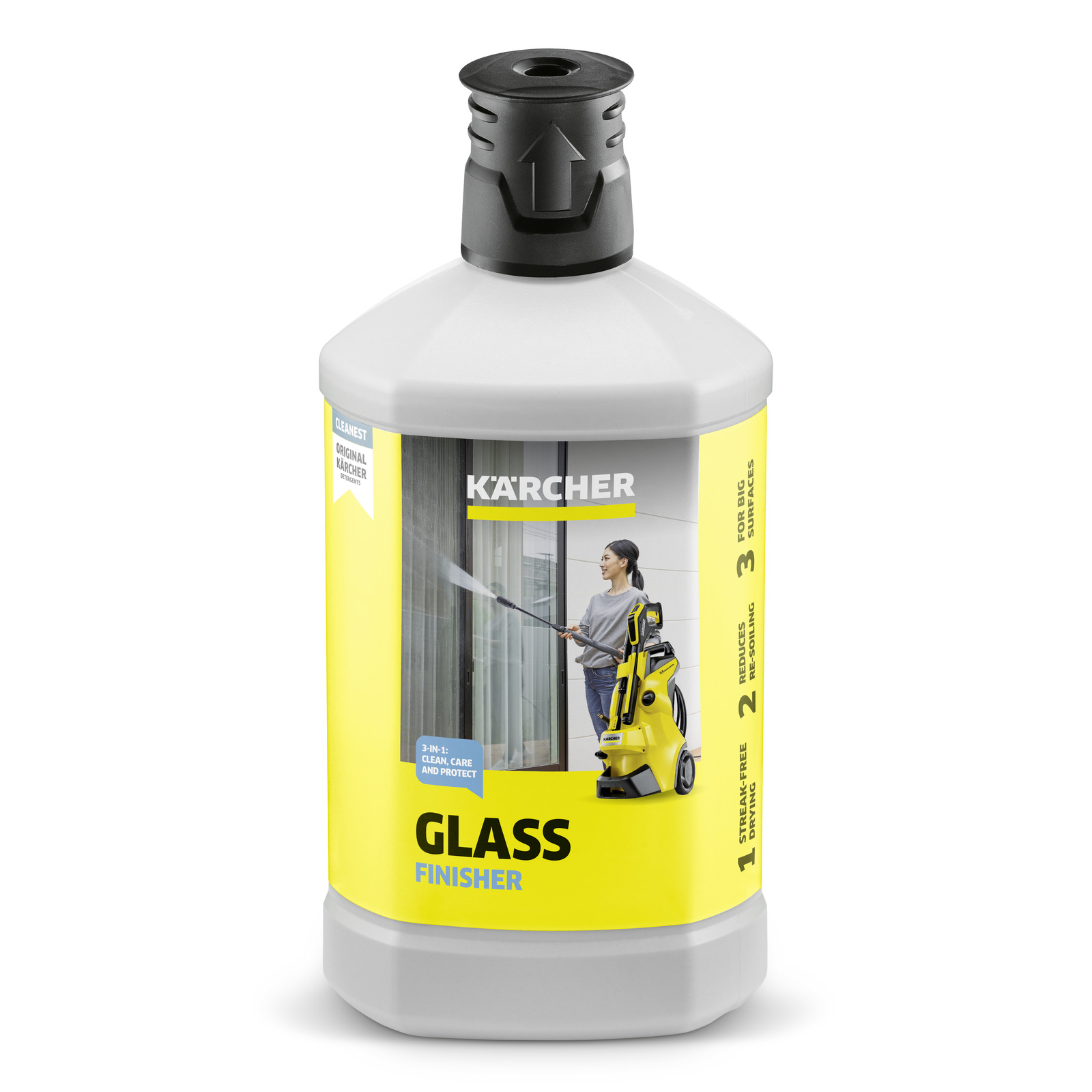 Kärcher Glass Finisher bottle with label showing a person using a Kärcher high-pressure cleaner on glass surfaces. Kärcher Glass Finisher bottle with label showing a person using a Kärcher high-pressure cleaner on glass surfaces.