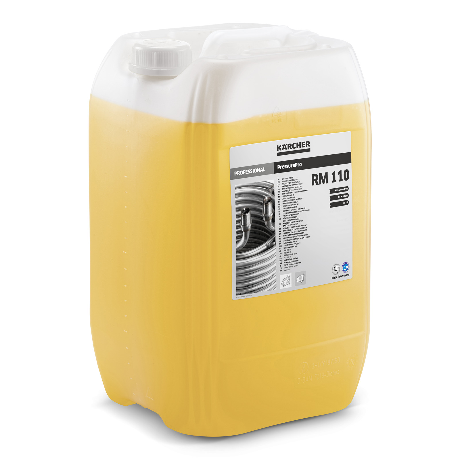Orange container of Kärcher RM 110 cleaning solution with a white cap and label displaying product details. Orange container of Kärcher RM 110 cleaning solution with a white cap and label displaying product details.