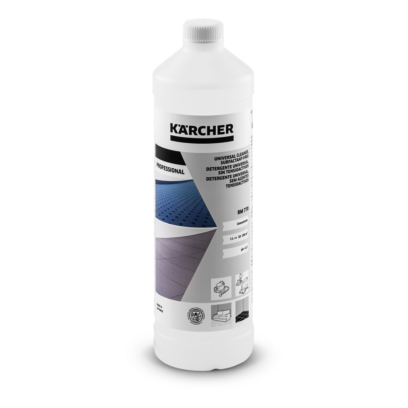 Kärcher RM 770 universal cleaner bottle with professional label, featuring blue and grey graphics.
