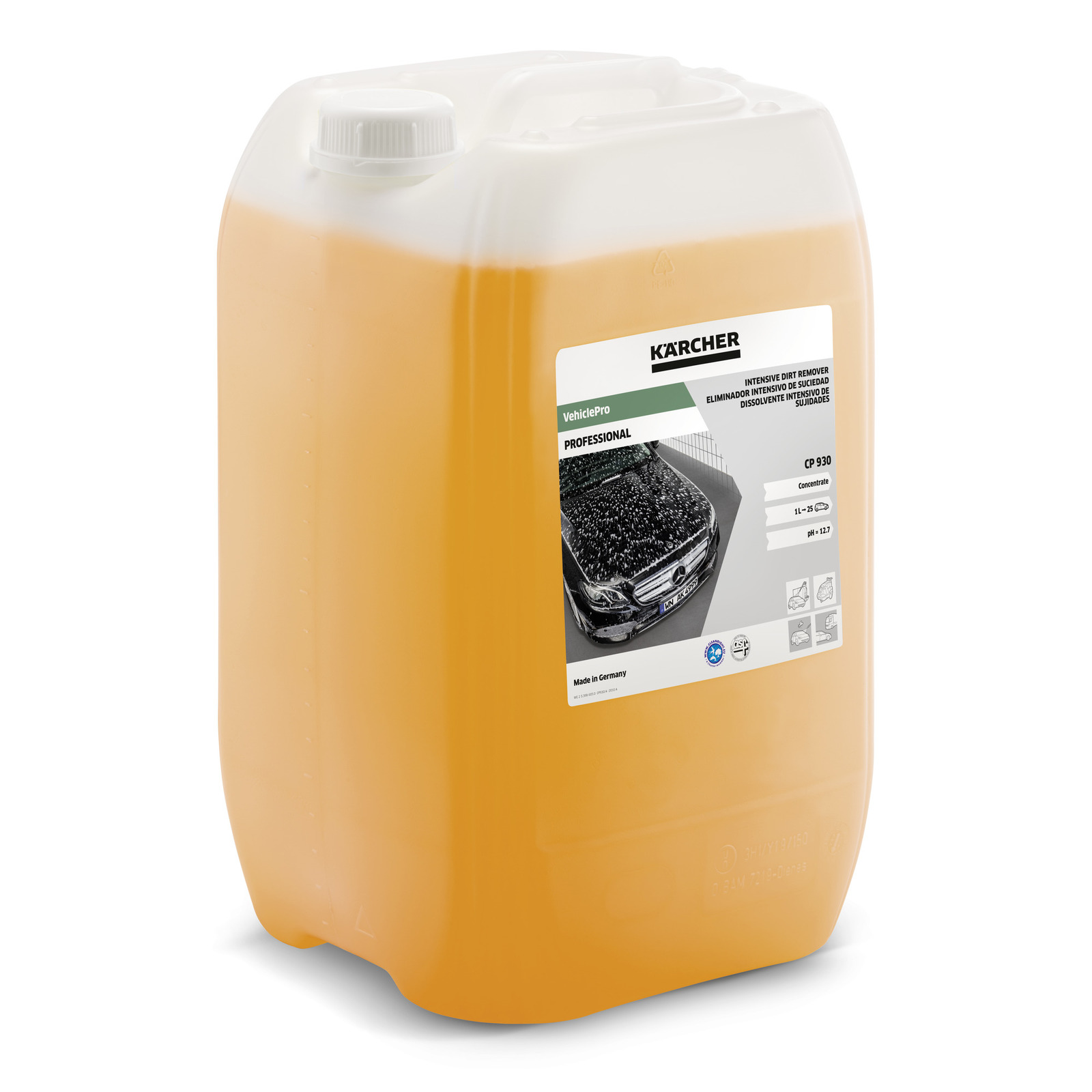 Orange Kärcher VehiclePro CP 930 detergent container with label showing a car being cleaned. Orange Kärcher VehiclePro CP 930 detergent container with label showing a car being cleaned.
