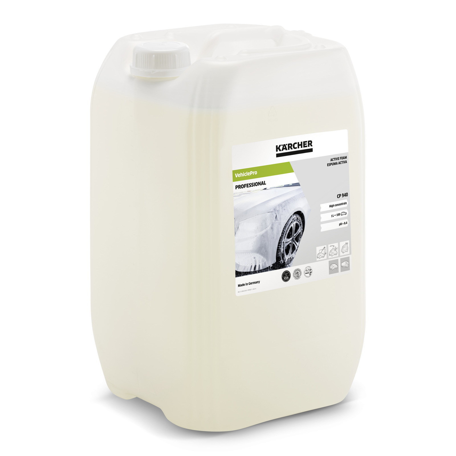 Kärcher VehiclePro CP 940 active foam container with label showing a car wheel covered in foam. Kärcher VehiclePro CP 940 active foam container with label showing a car wheel covered in foam.