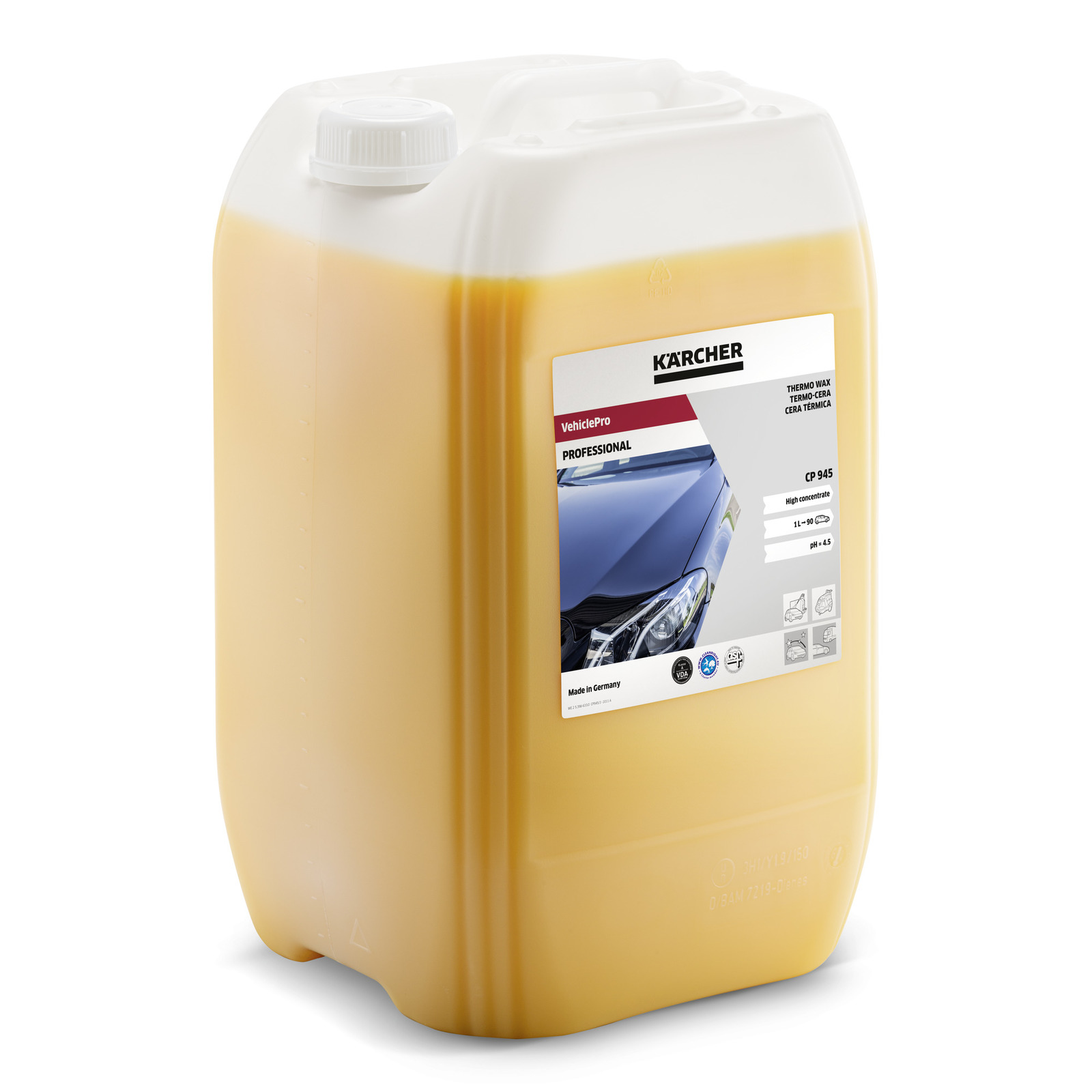 Kärcher VehiclePro CP 945 container with label showing a car bonnet, 11-litre capacity, made in Germany. Kärcher VehiclePro CP 945 container with label showing a car bonnet, 11-litre capacity, made in Germany.
