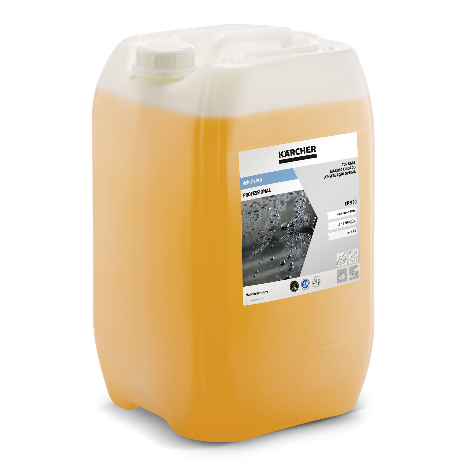 Large orange container with Kärcher VehiclePro CP 950 label, featuring cleaning solution details. Large orange container with Kärcher VehiclePro CP 950 label, featuring cleaning solution details.