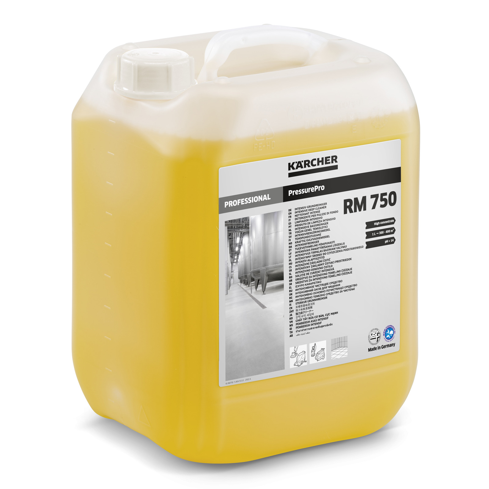 Kärcher RM 750 detergent container, orange liquid, with label detailing product information and usage instructions.