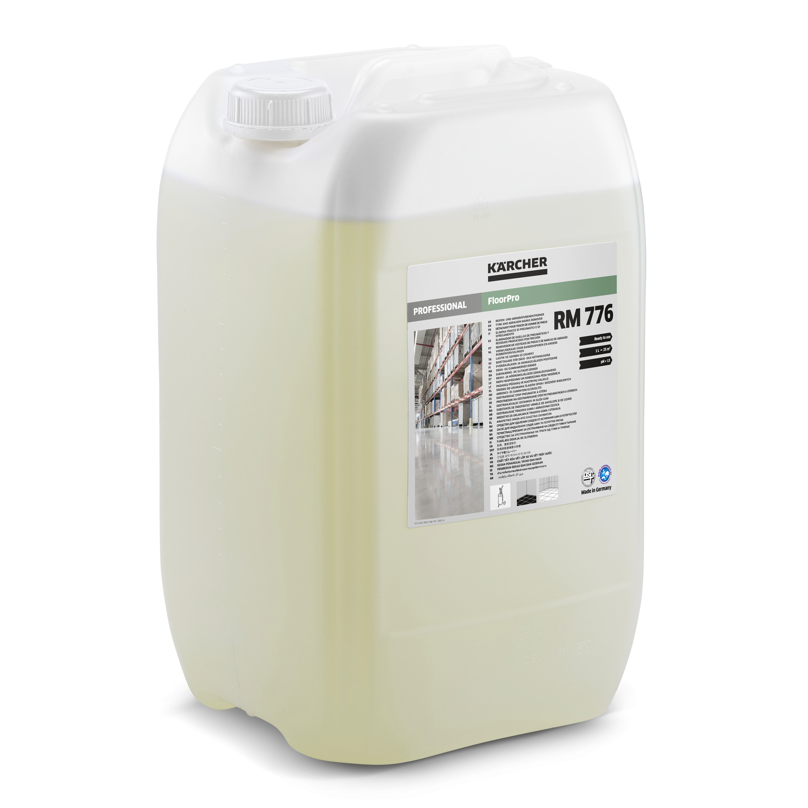 Kärcher RM 776 cleaning solution in a large white container with a label detailing product information.