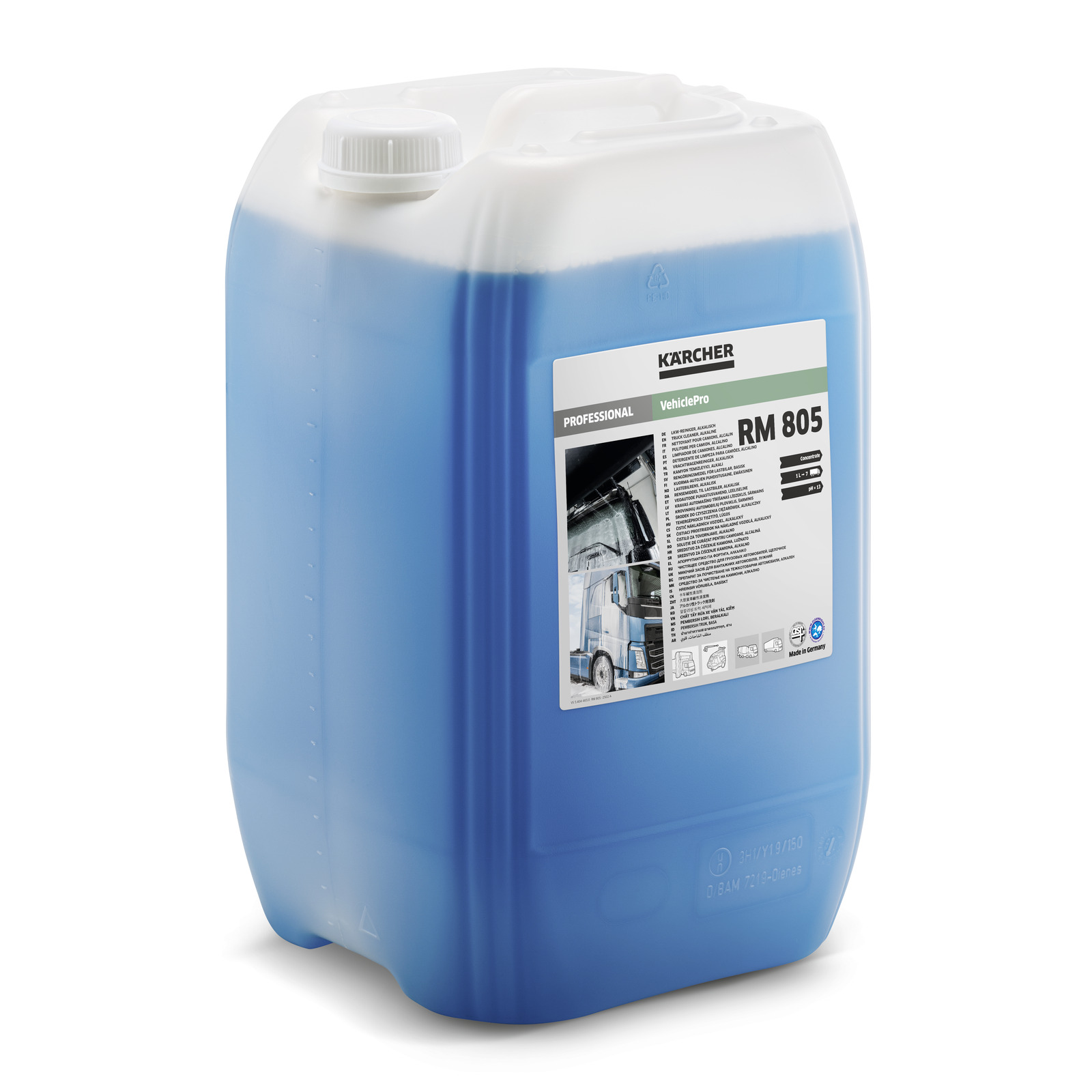 Blue container of Kärcher RM 805 cleaning solution with a white cap and label displaying product details.