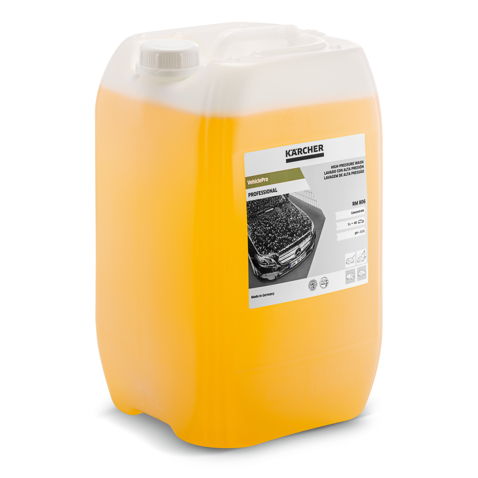 Yellow Kärcher VehiclePro Professional high-pressure wash container with label showing a car being cleaned.