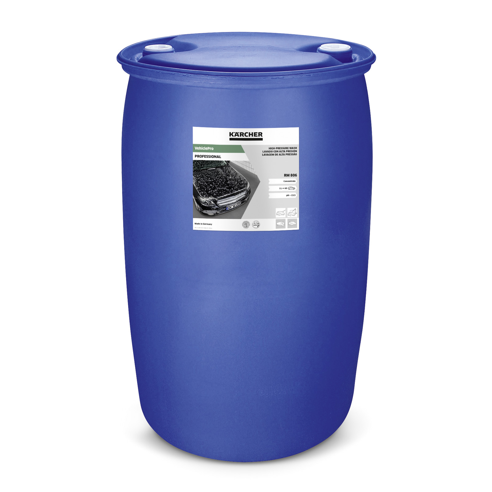 Blue Kärcher drum with label showing vehicle cleaning solution, RM 806, for professional use.