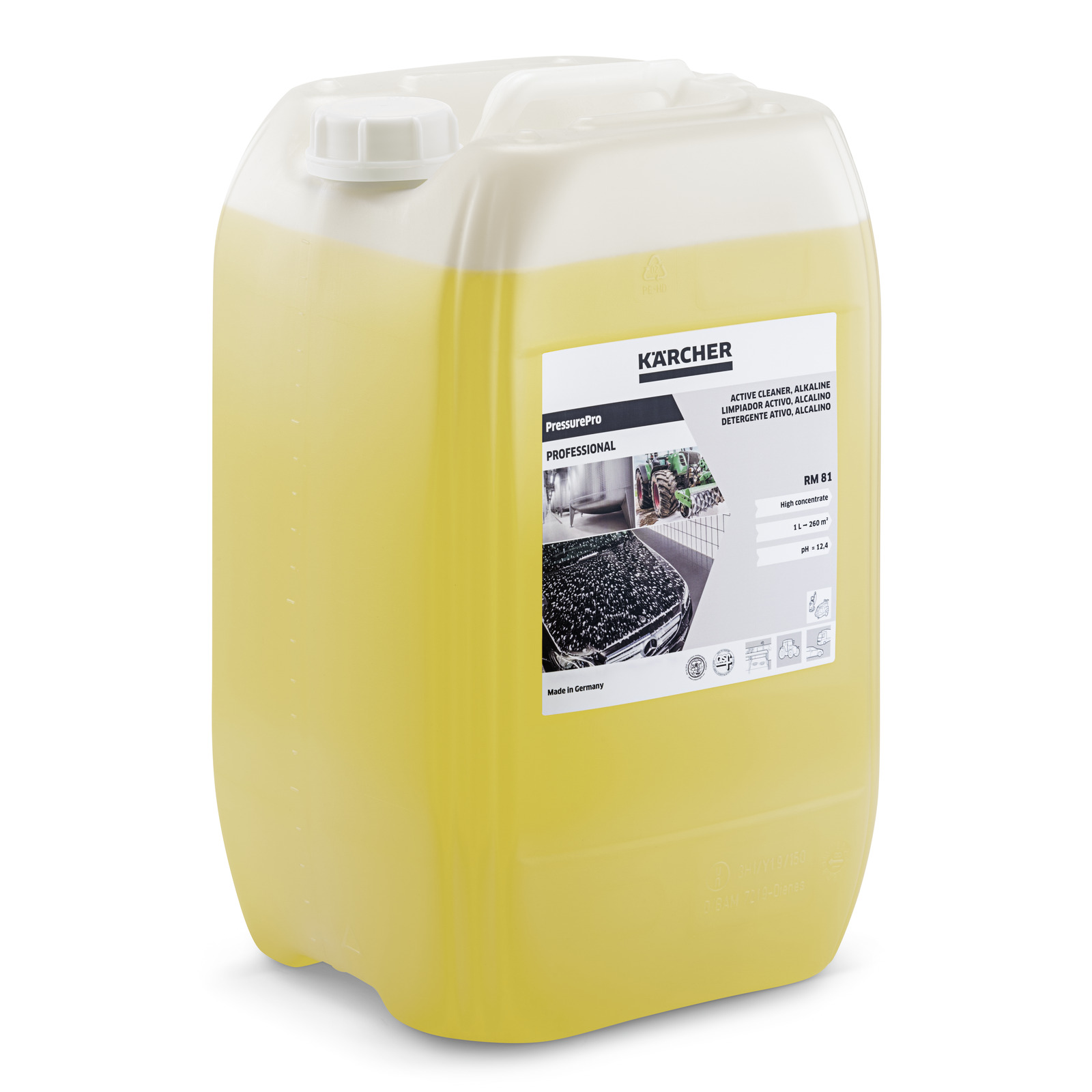 Yellow Kärcher PressurePro RM B1 alkaline cleaner container with label showing cleaning images.