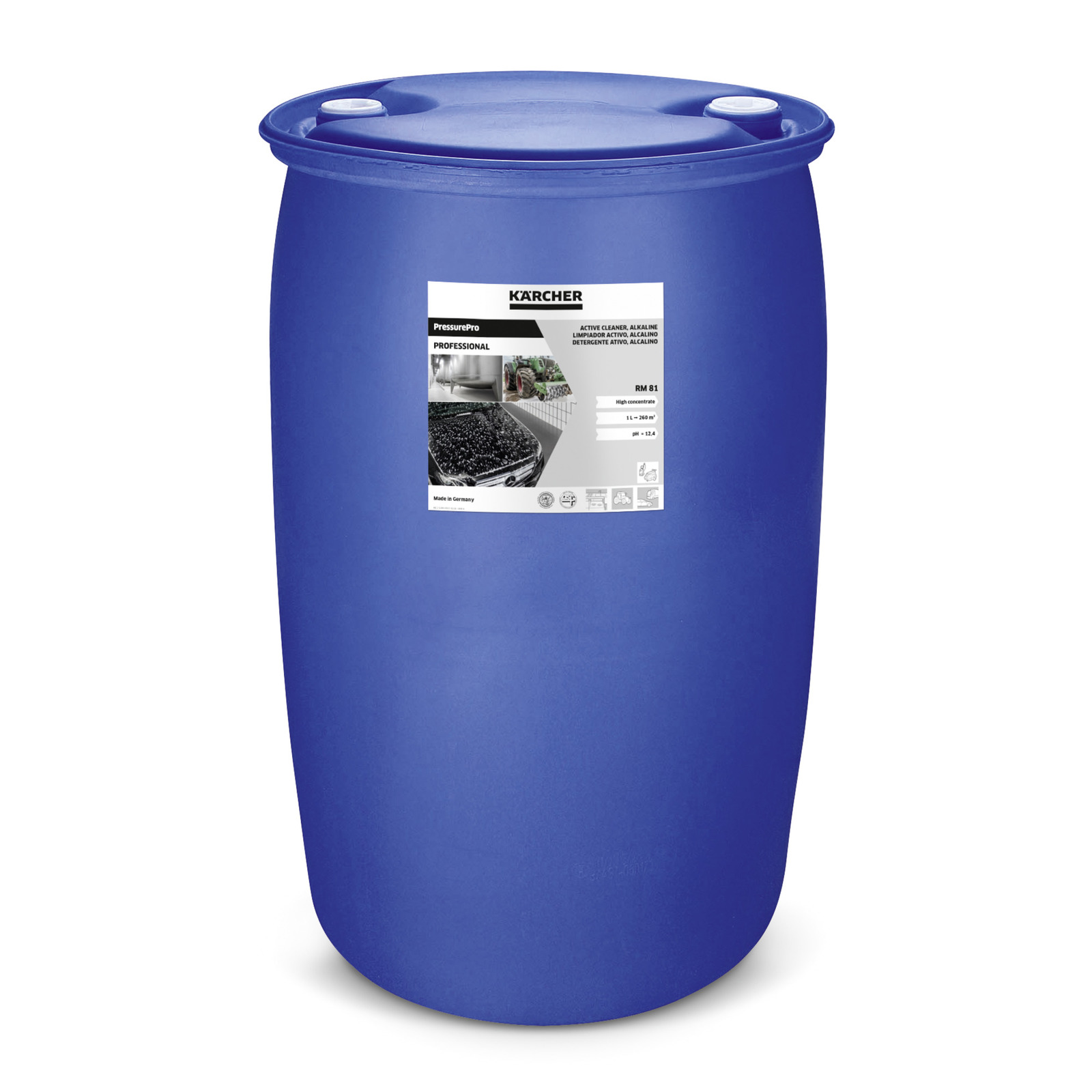 Blue Kärcher drum with a label detailing product information and images, including a cleaning scene. Blue Kärcher drum with a label detailing product information and images, including a cleaning scene.