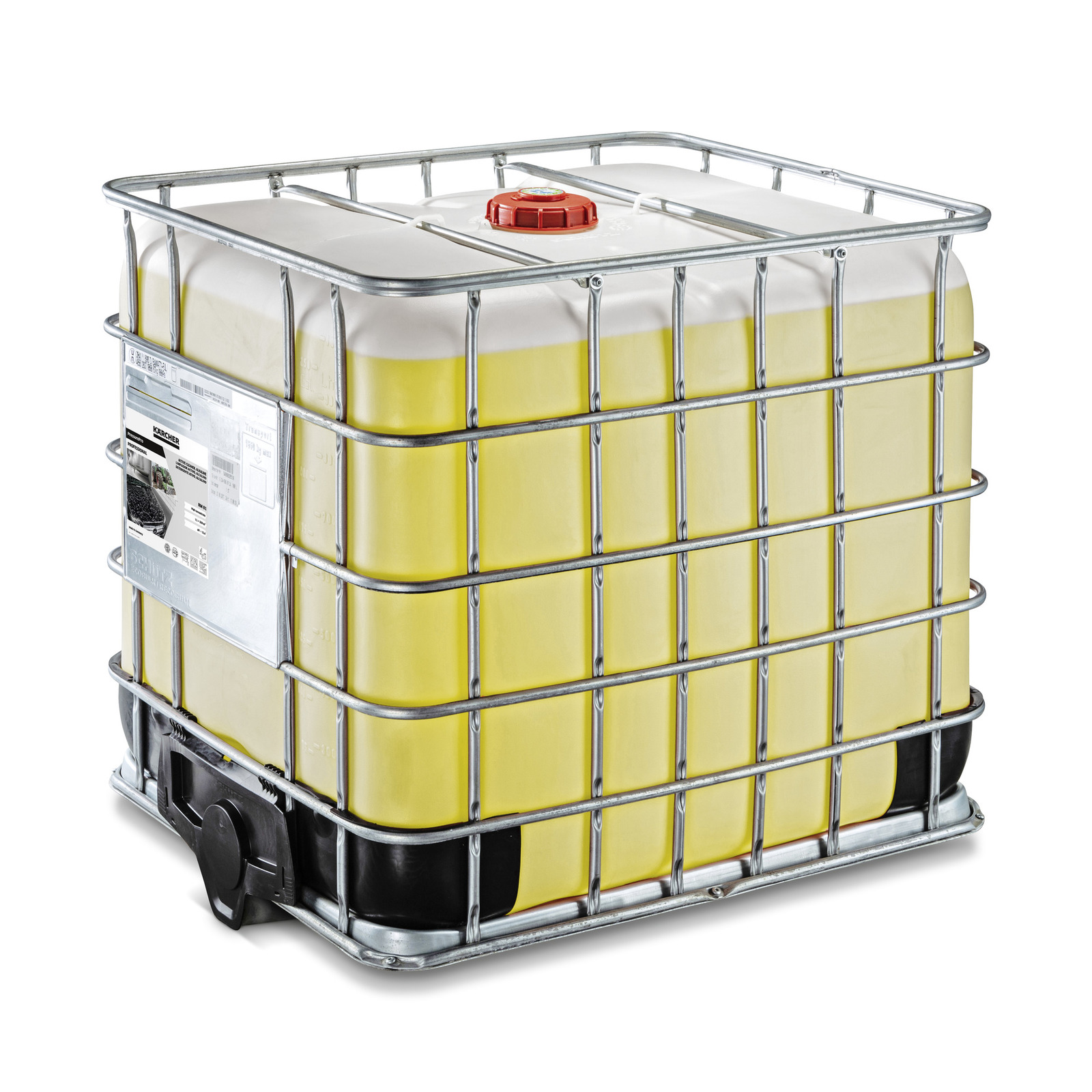 Large yellow liquid container with metal cage, red cap on top, and Kärcher label on the side. Large yellow liquid container with metal cage, red cap on top, and Kärcher label on the side.