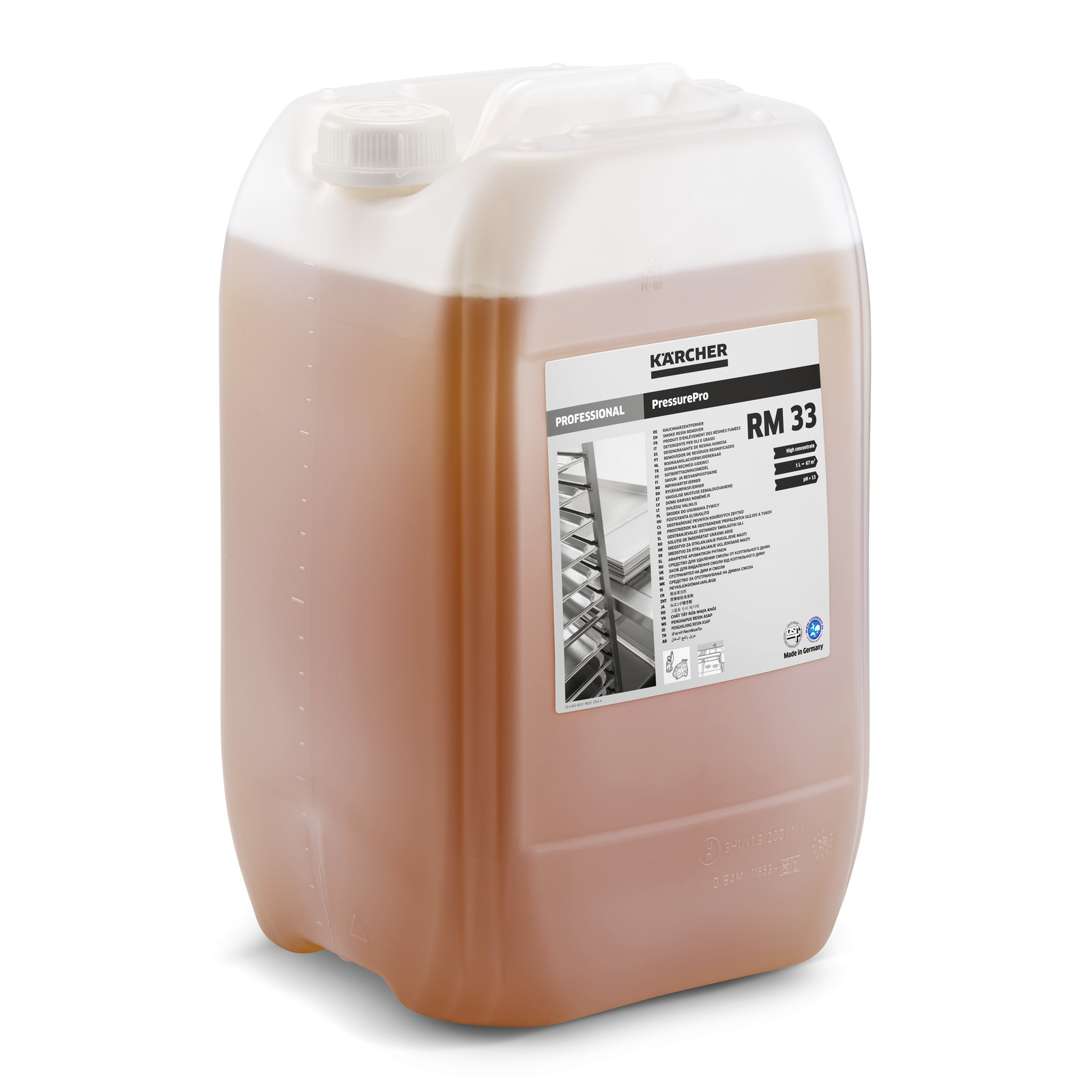 Kärcher RM 33 cleaning solution in a large, translucent container with a label detailing product information.