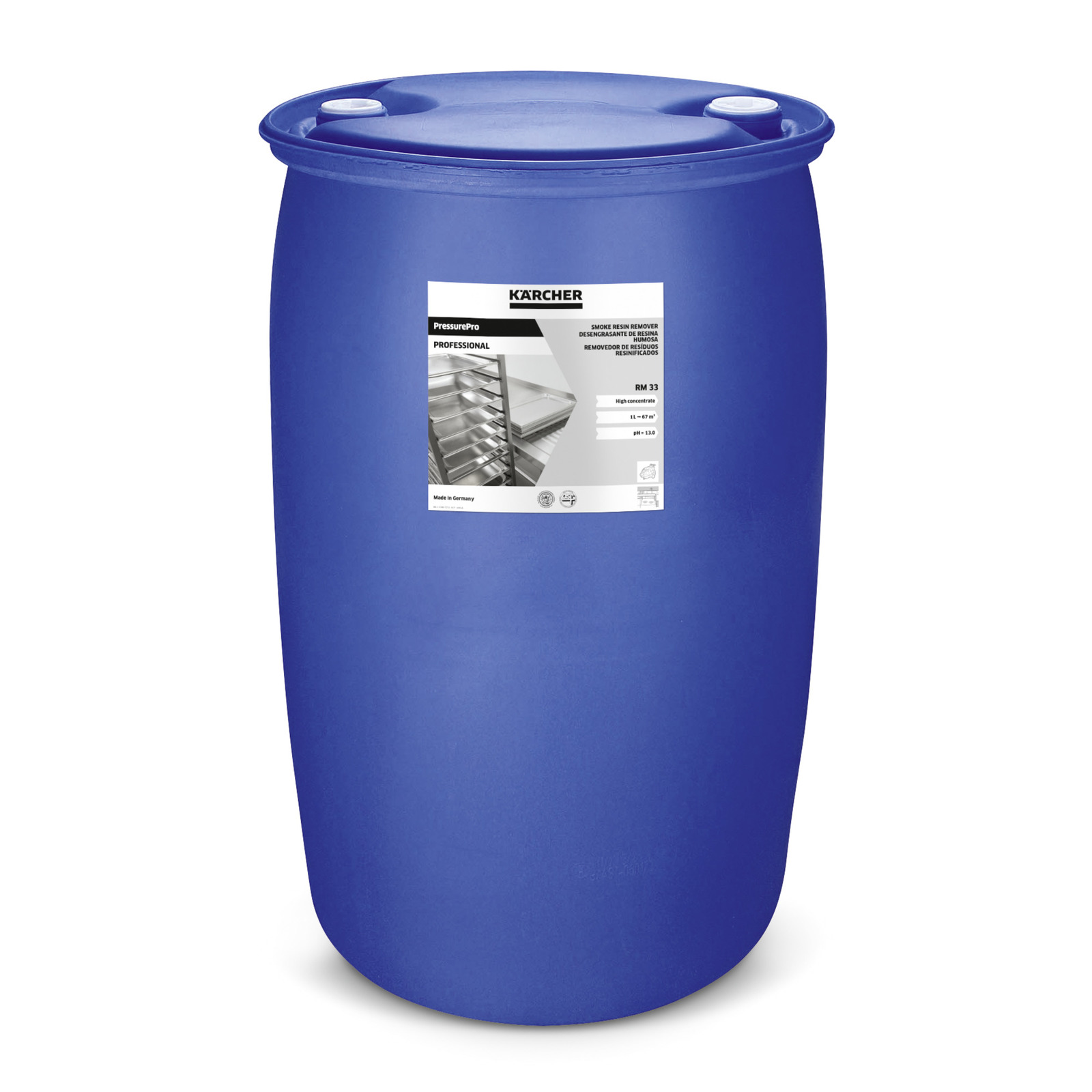 Blue Kärcher drum with a label for RM 33 detergent, featuring an image of metal shelves. Blue Kärcher drum with a label for RM 33 detergent, featuring an image of metal shelves.