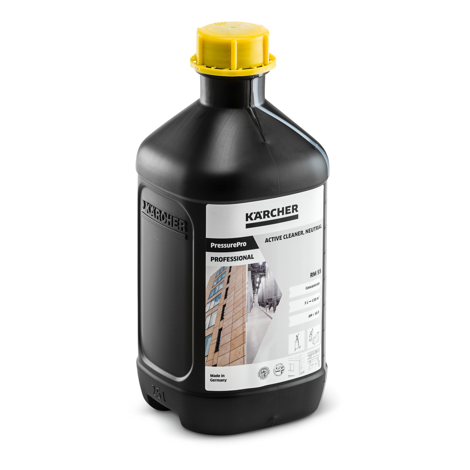 Black Kärcher PressurePro cleaner bottle with yellow cap, labelled for professional use, featuring an image of a building facade.