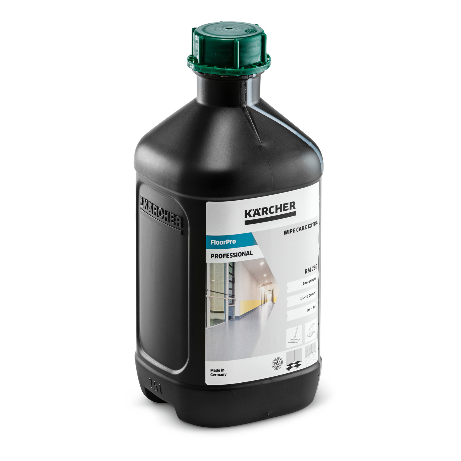 Black Kärcher FloorPro Wipe Care Extra bottle with green cap, labelled for professional use, showing a corridor image.
