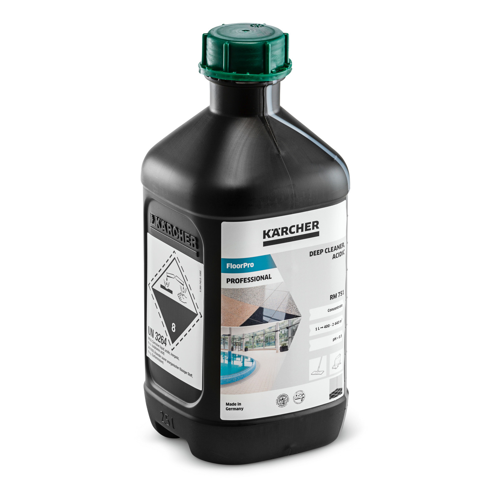 Kärcher FloorPro RM 751 deep cleaner bottle with green cap, labelled for professional use. Kärcher FloorPro RM 751 deep cleaner bottle with green cap, labelled for professional use.
