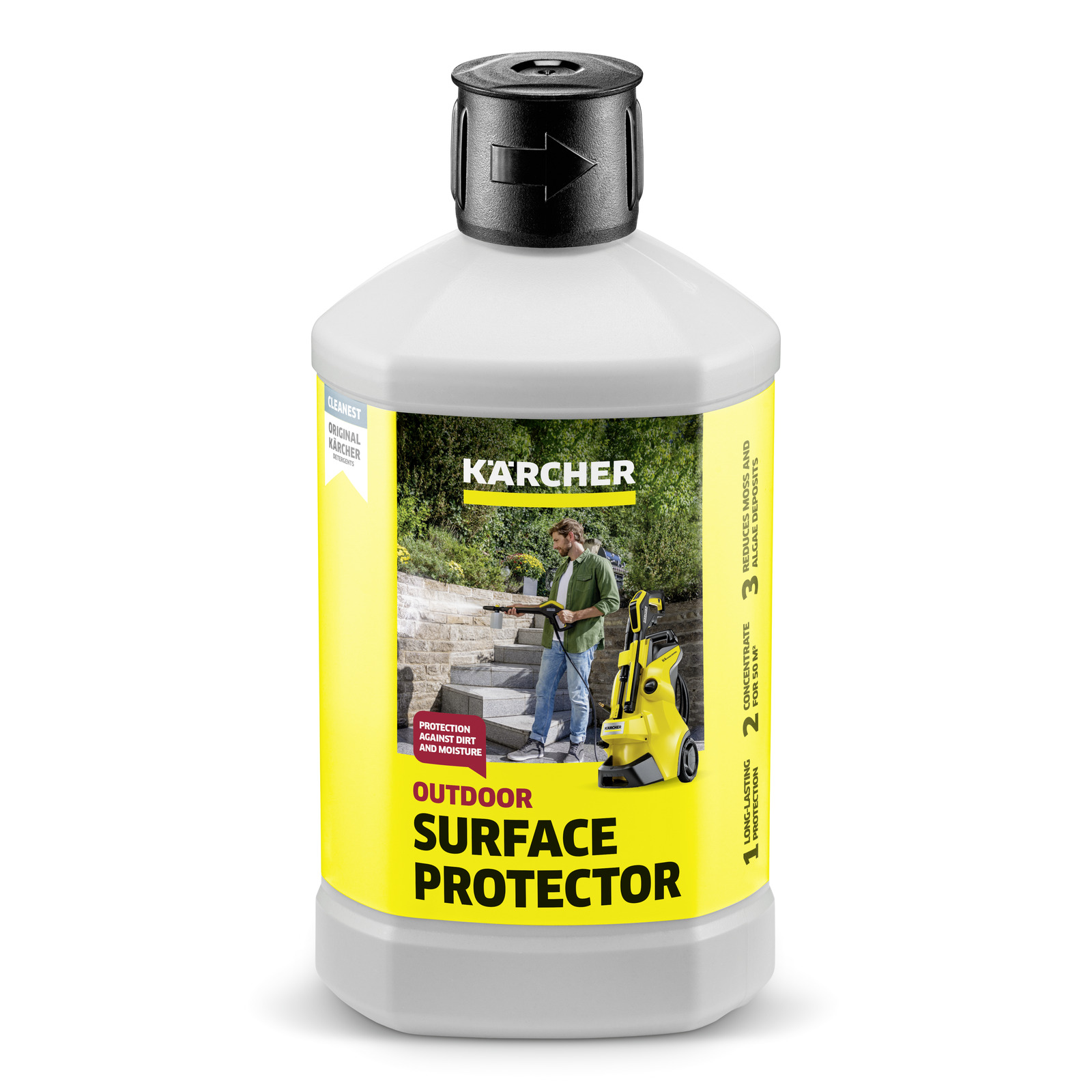 Kärcher Outdoor Surface Protector bottle with label showing a man cleaning stone steps with a Kärcher high-pressure cleaner.
