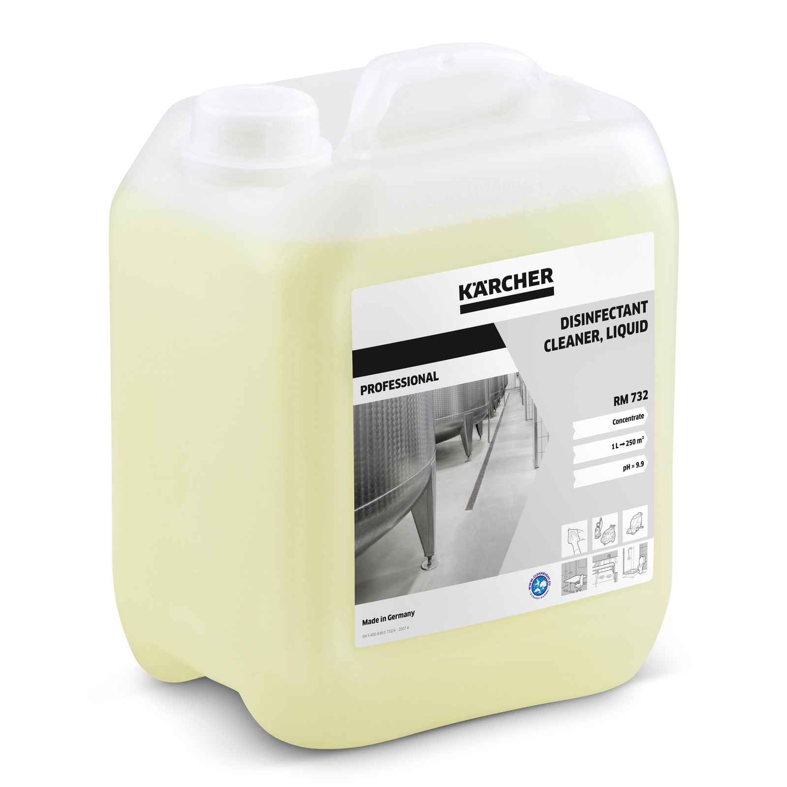 Kärcher RM 732 disinfectant cleaner in a yellow plastic container with label detailing product information. Kärcher RM 732 disinfectant cleaner in a yellow plastic container with label detailing product information.