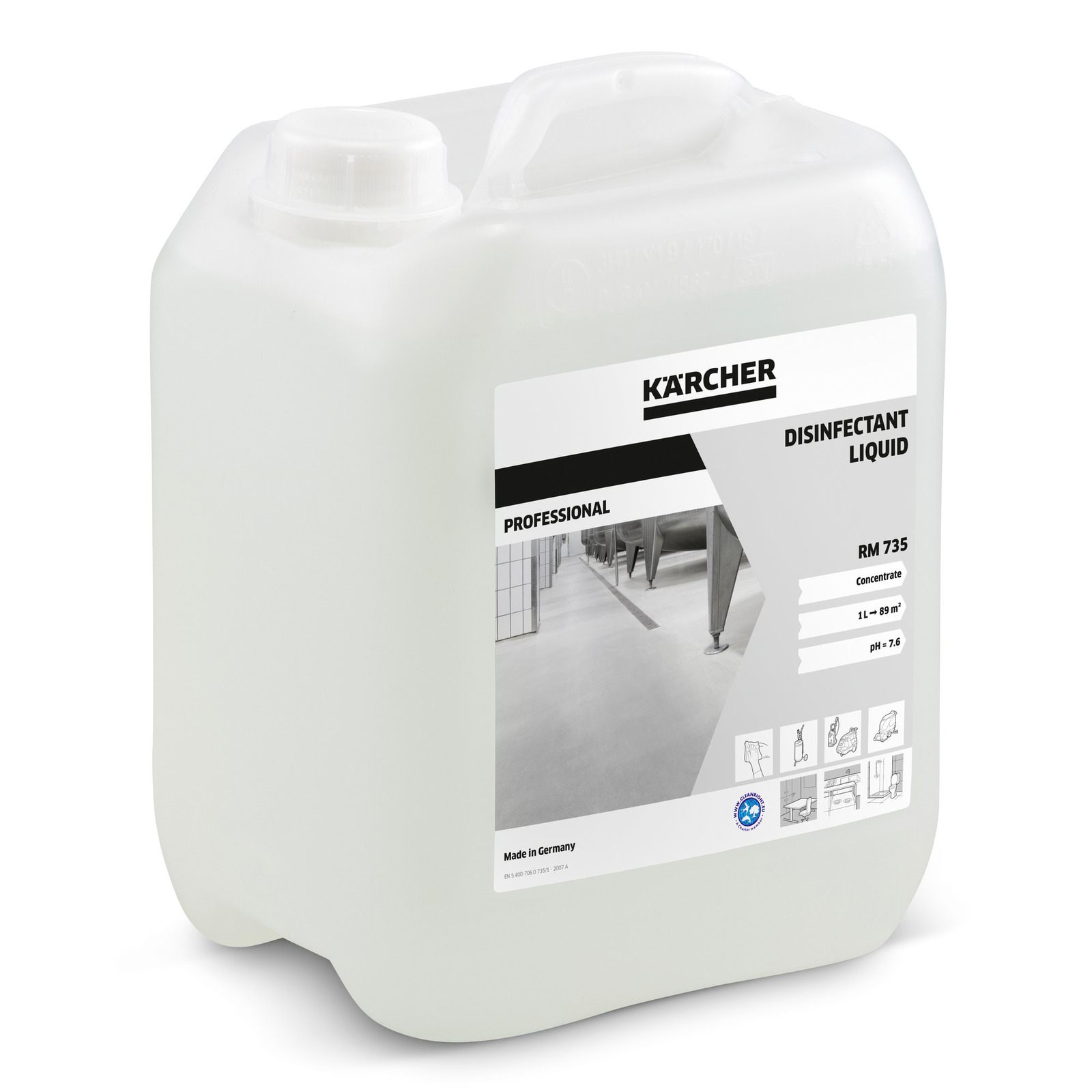 Kärcher disinfectant liquid container with label showing product details and usage illustrations. Kärcher disinfectant liquid container with label showing product details and usage illustrations.