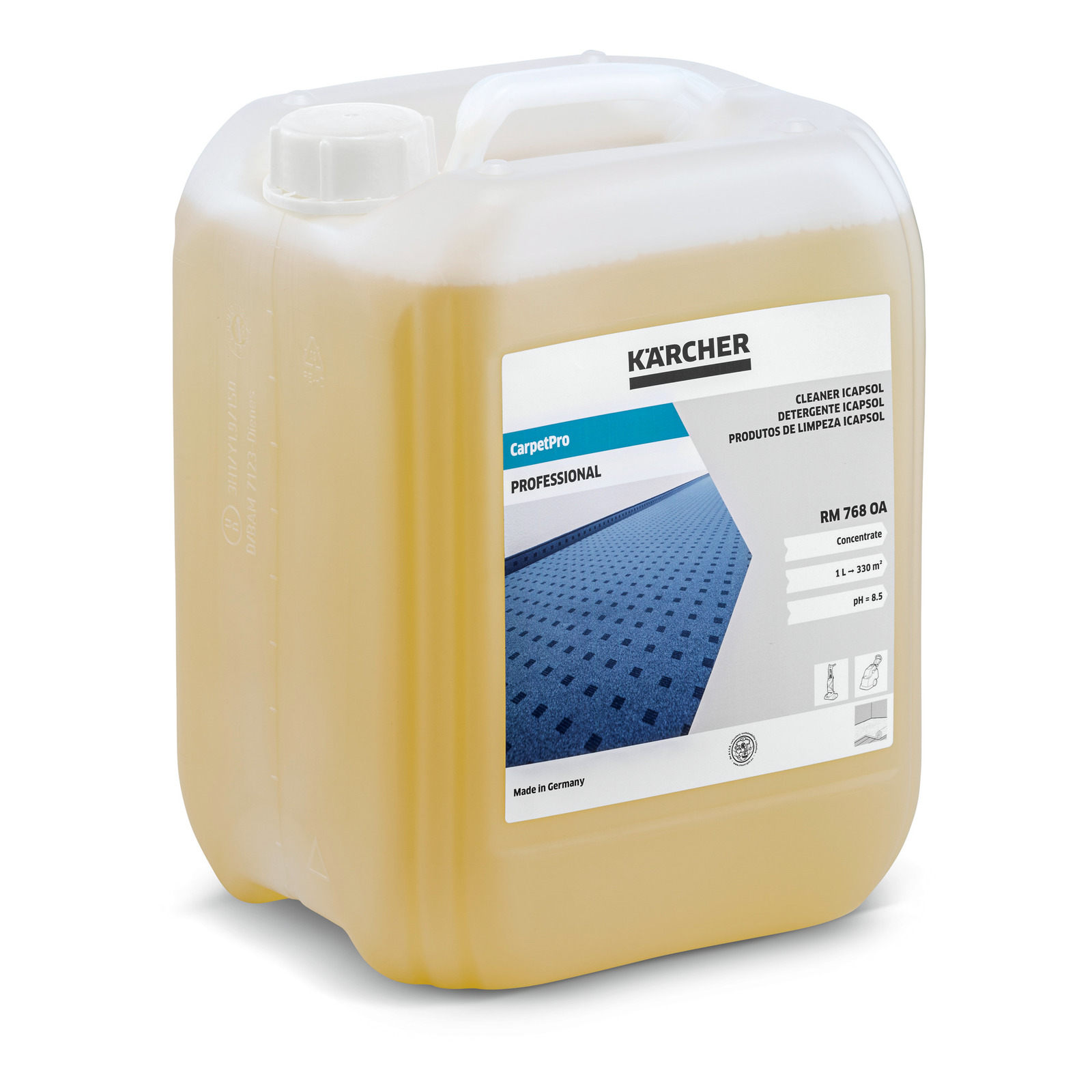 Kärcher CarpetPro RM 768 OA detergent in a large plastic container with a blue label.