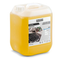 Yellow Kärcher PressurePro RM 81 detergent container with label showing cleaning applications and product details.