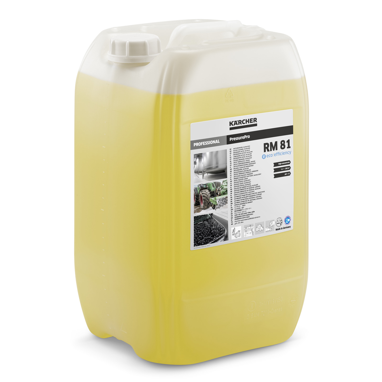 Yellow container of Kärcher RM 81 cleaning agent with label detailing usage instructions and safety information. Yellow container of Kärcher RM 81 cleaning agent with label detailing usage instructions and safety information.