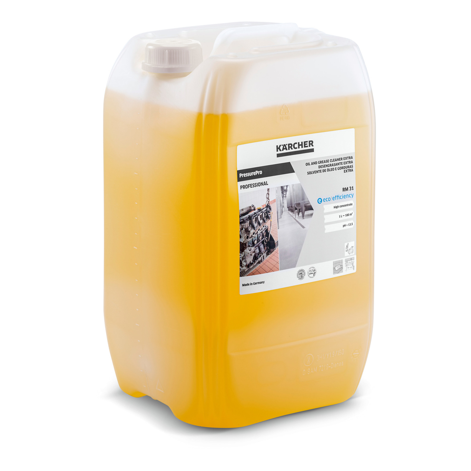 Yellow Kärcher PressurePro Professional cleaner container with label detailing oil and grease cleaning solution. Yellow Kärcher PressurePro Professional cleaner container with label detailing oil and grease cleaning solution.