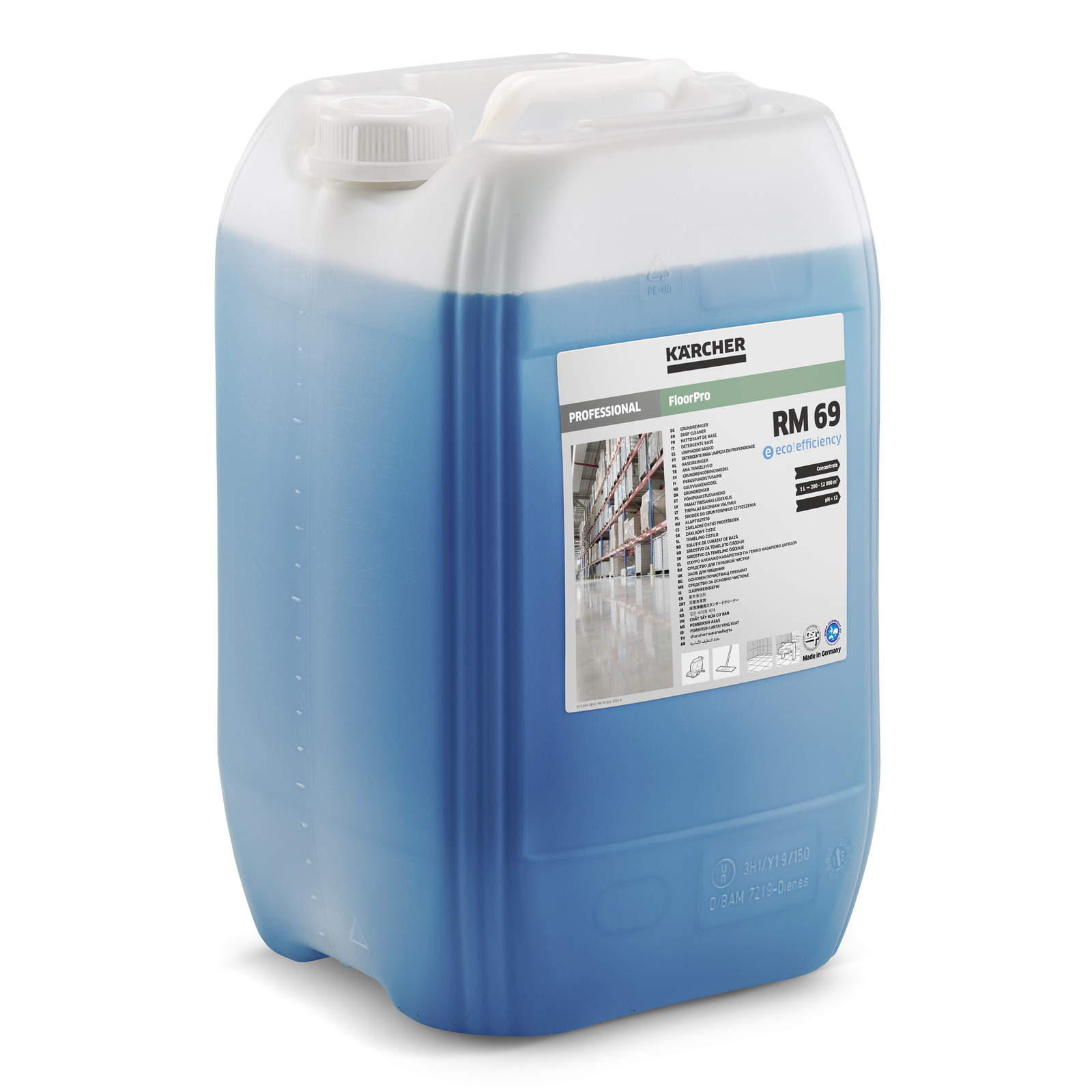 Blue Kärcher RM 69 cleaning solution container with label, featuring product details and an image of a clean industrial floor. Blue Kärcher RM 69 cleaning solution container with label, featuring product details and an image of a clean industrial floor.