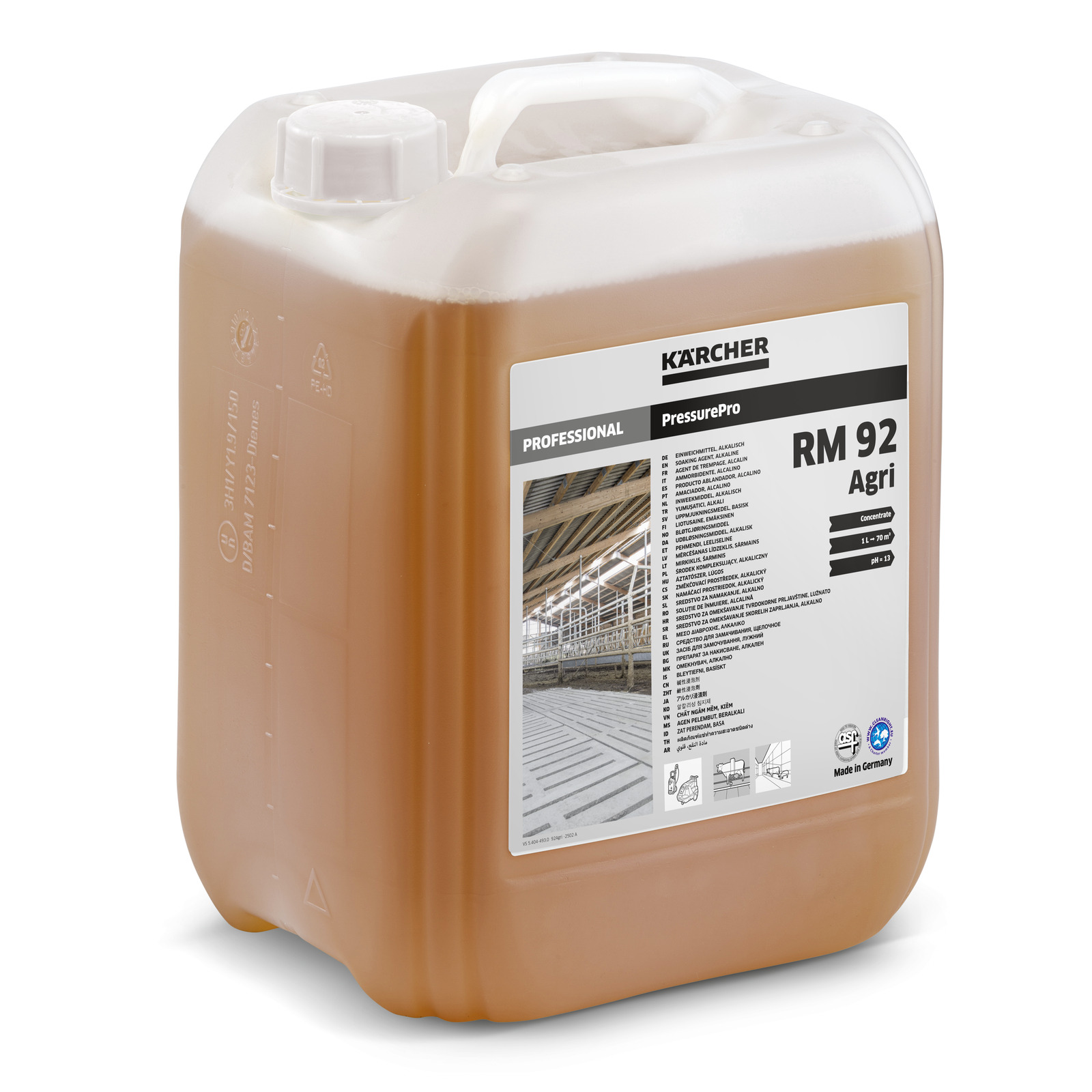 Kärcher RM 92 Agri detergent container with label detailing product information and usage instructions. Kärcher RM 92 Agri detergent container with label detailing product information and usage instructions.