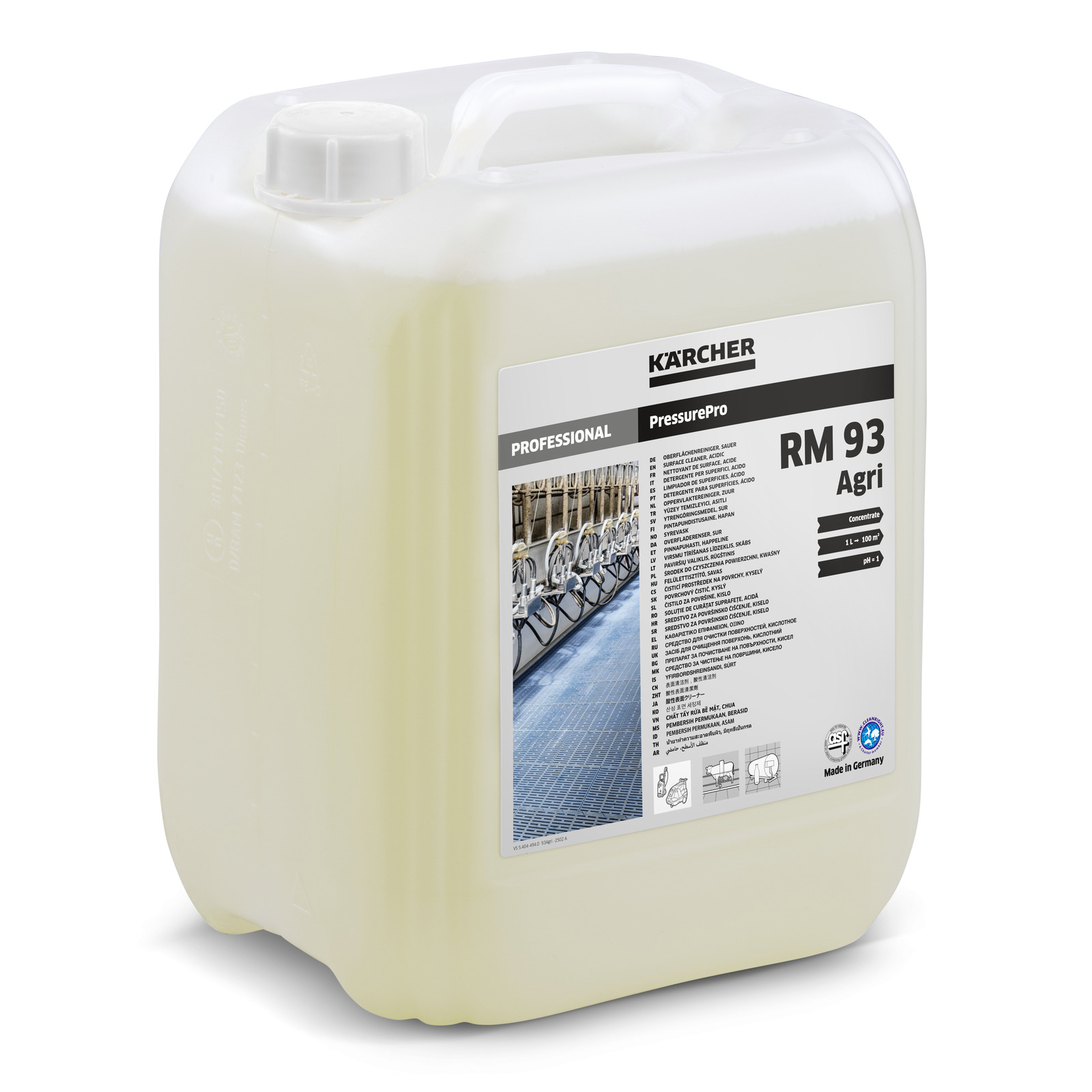 Kärcher RM 93 Agri Reinigungsmittelkanister, 10 Liter, mit Etikett und Produktinformationen. Kärcher RM 93 Agri Reinigungsmittelkanister, 10 Liter, mit Etikett und Produktinformationen.