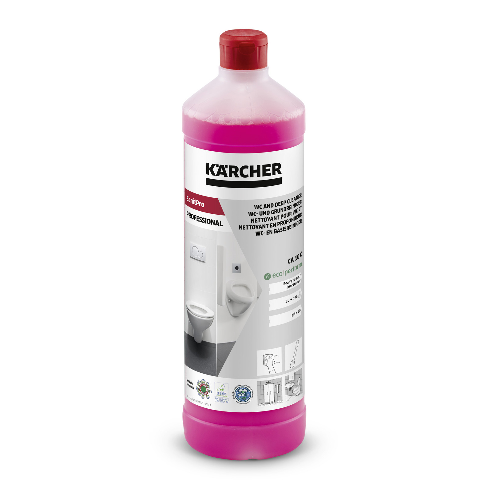 Detergent Kärcher SanitPro Professional pentru curățarea profundă a WC-urilor, într-o sticlă roz de 1 litru.