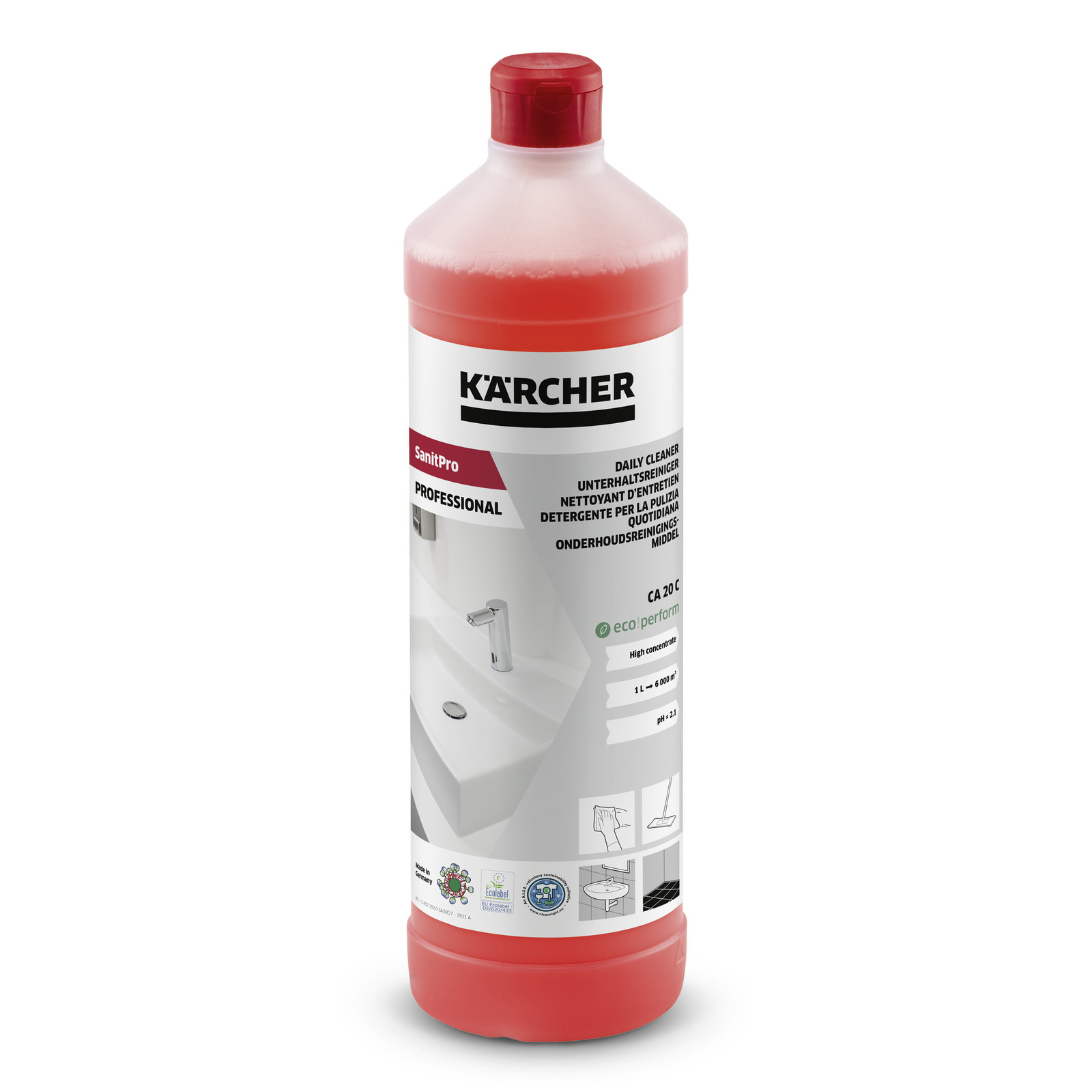 Kärcher SanitPro Professional daily cleaner bottle with red cap, featuring eco performance label and sink illustration.