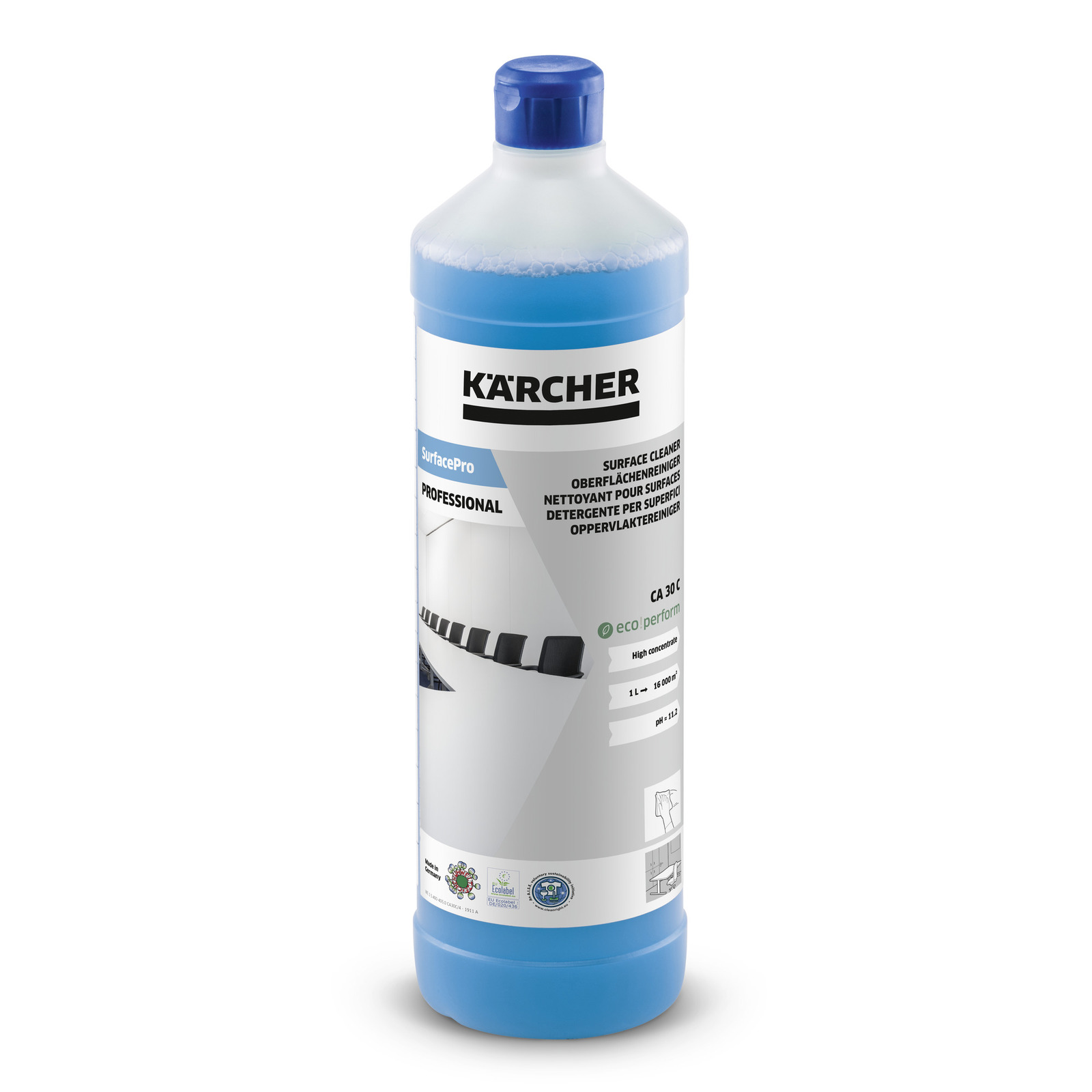 Kärcher SurfacePro Professional surface cleaner bottle with blue cap and label detailing product information. Kärcher SurfacePro Professional surface cleaner bottle with blue cap and label detailing product information.