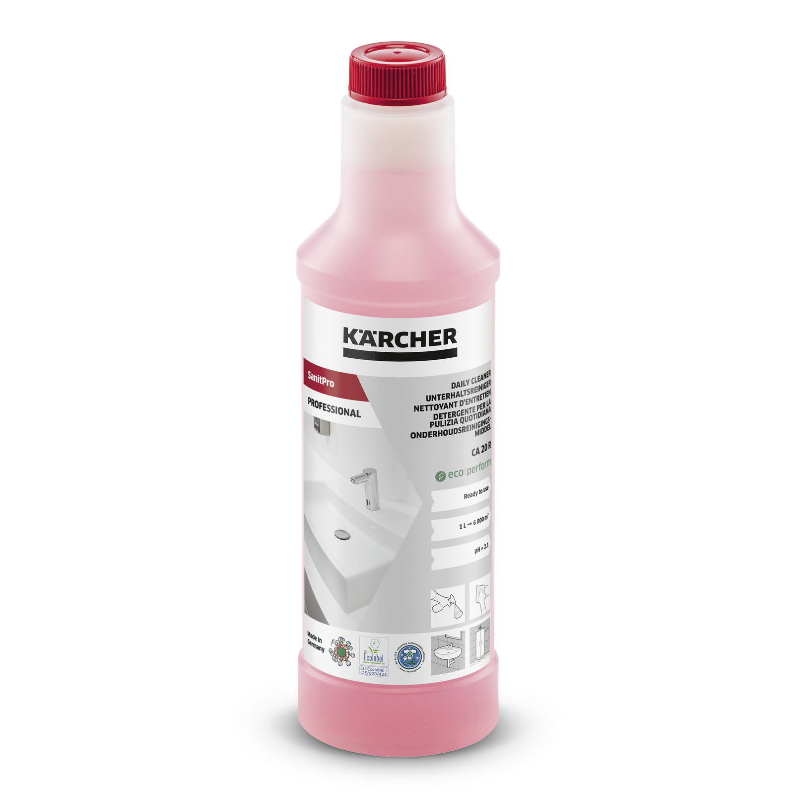 Kärcher Sanipro Professional daily cleaner bottle with pink liquid and detailed label.