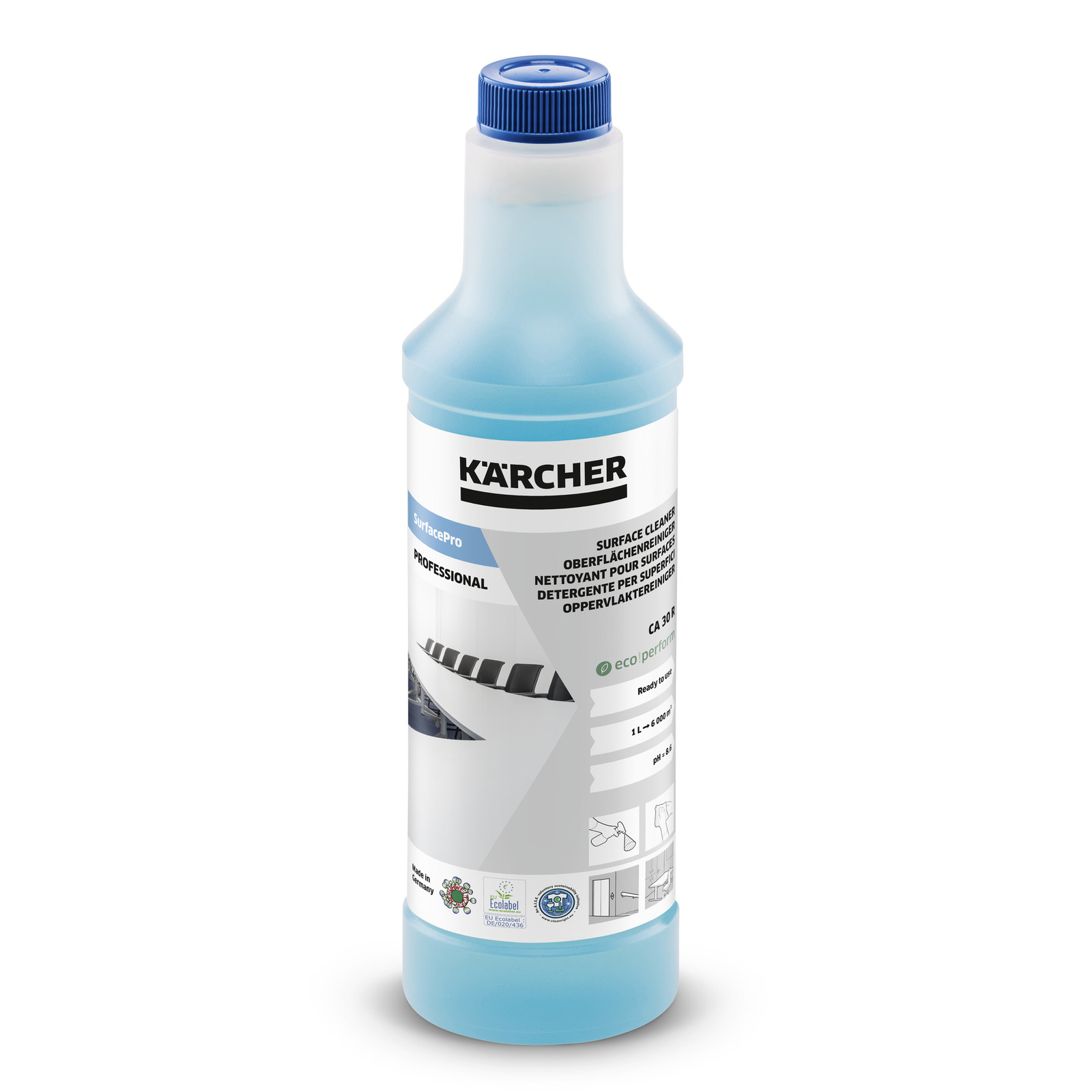 Kärcher surface cleaner bottle with blue liquid, labelled "Professional" and featuring eco-friendly certifications.