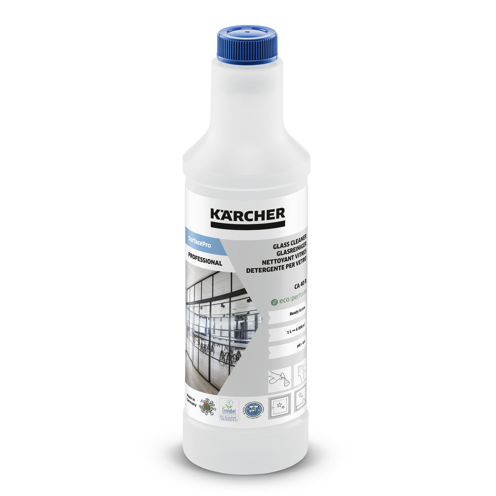 Kärcher SurfacePro glass cleaner bottle with blue cap, featuring product details and eco performance icons on the label.