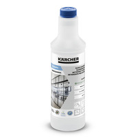 Kärcher SurfacePro glass cleaner bottle with blue cap, featuring product details and eco performance icons on the label.