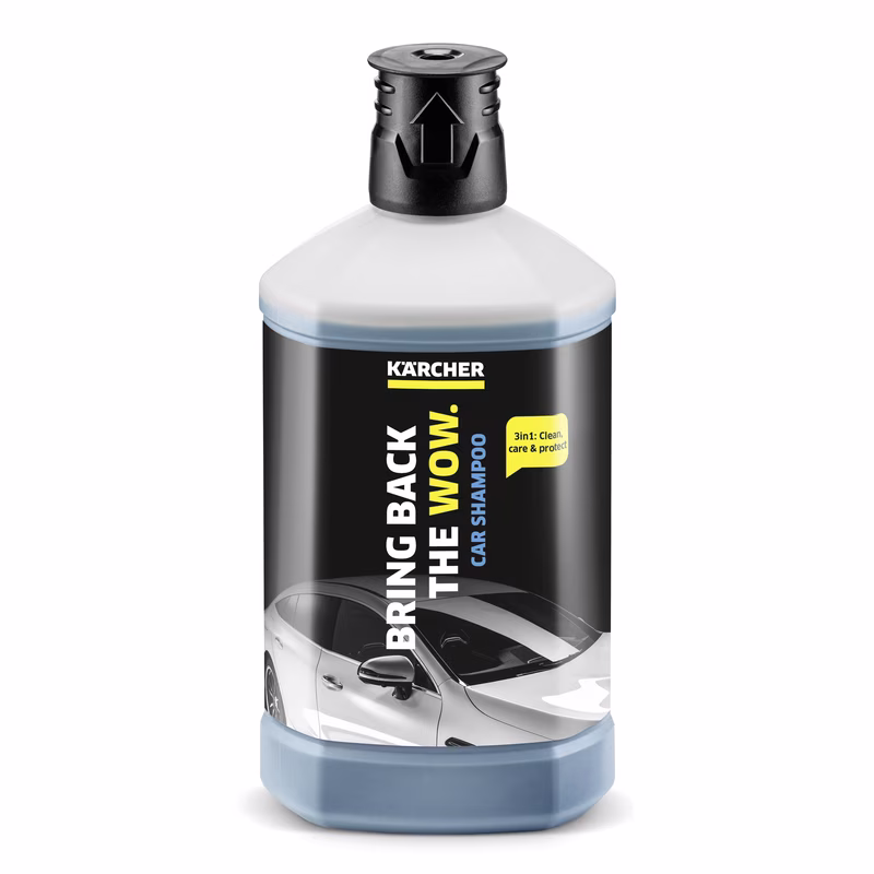 Kärcher car shampoo bottle with black label, featuring a silver car image and text "Bring Back the Wow."