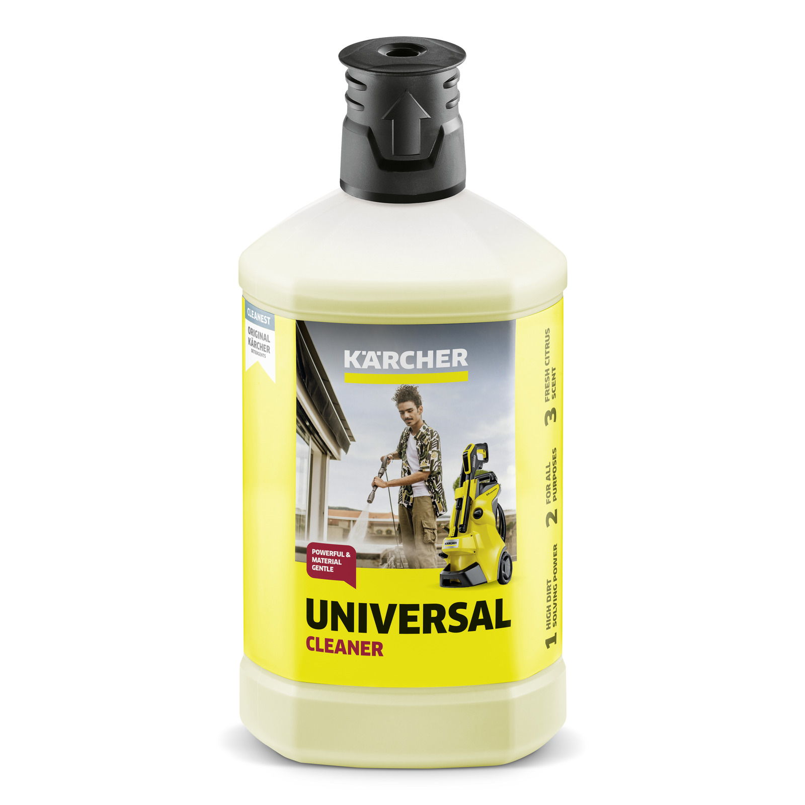 Kärcher Universal Cleaner bottle with label showing a person using a Kärcher high-pressure cleaner outdoors.