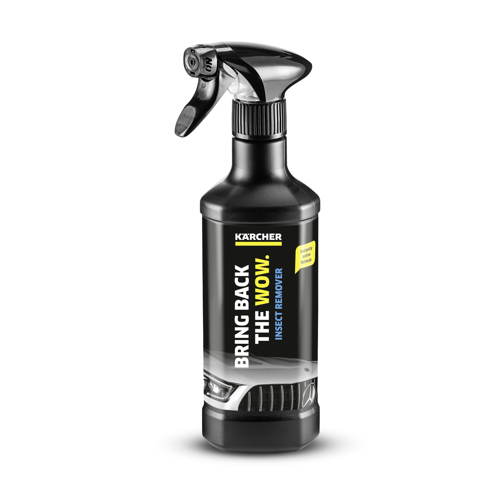 Kärcher insect remover spray bottle with black and yellow label, featuring a car grille image.