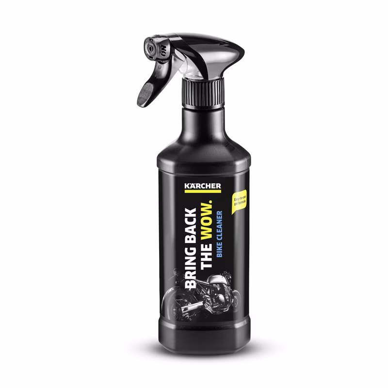 Kärcher bike cleaner spray bottle with black label featuring a motorcycle image and text "Bring Back the Wow."