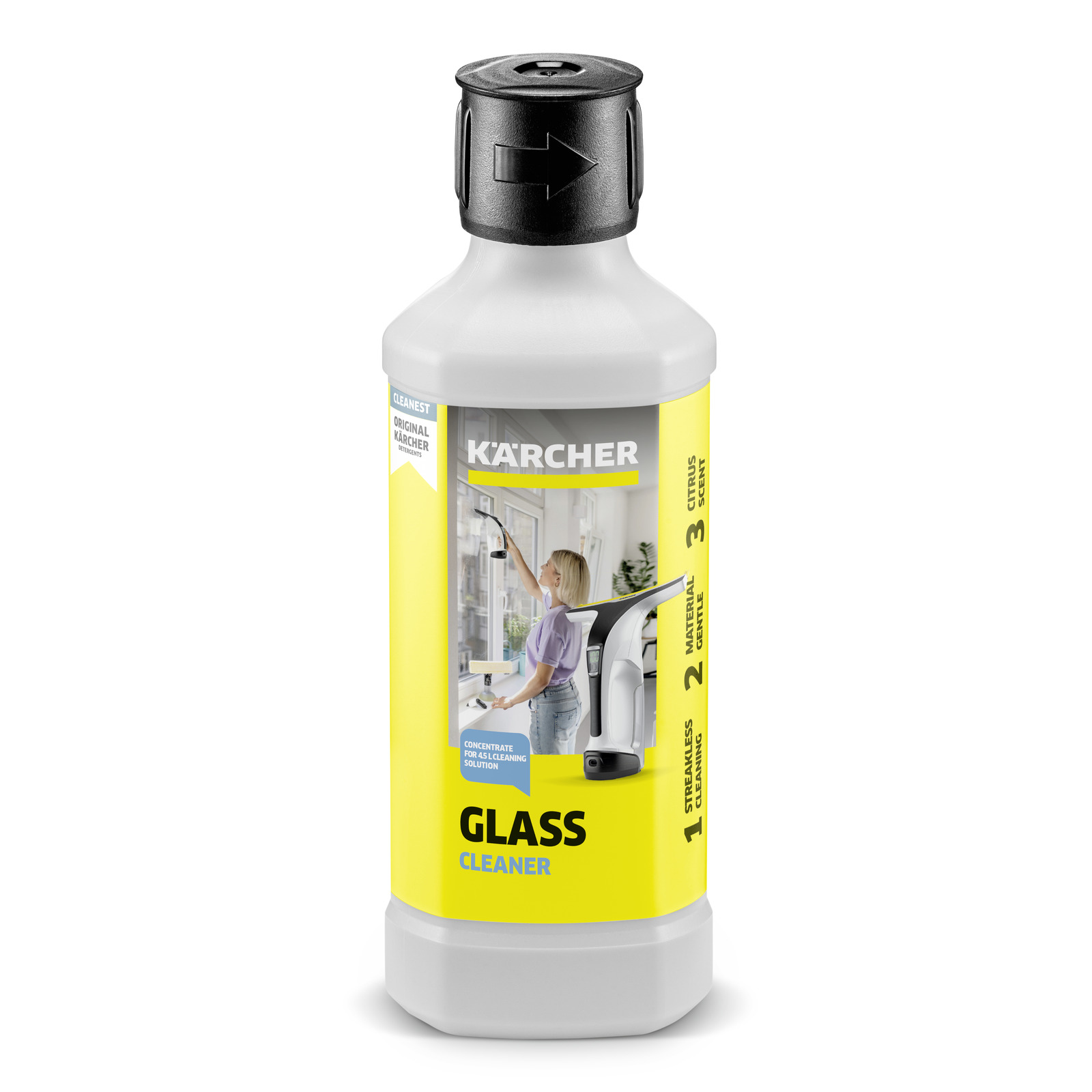Kärcher Glasreiniger-Flasche mit gelbem Etikett, darauf eine Frau beim Fensterputzen mit einem Kärcher Fensterreiniger.