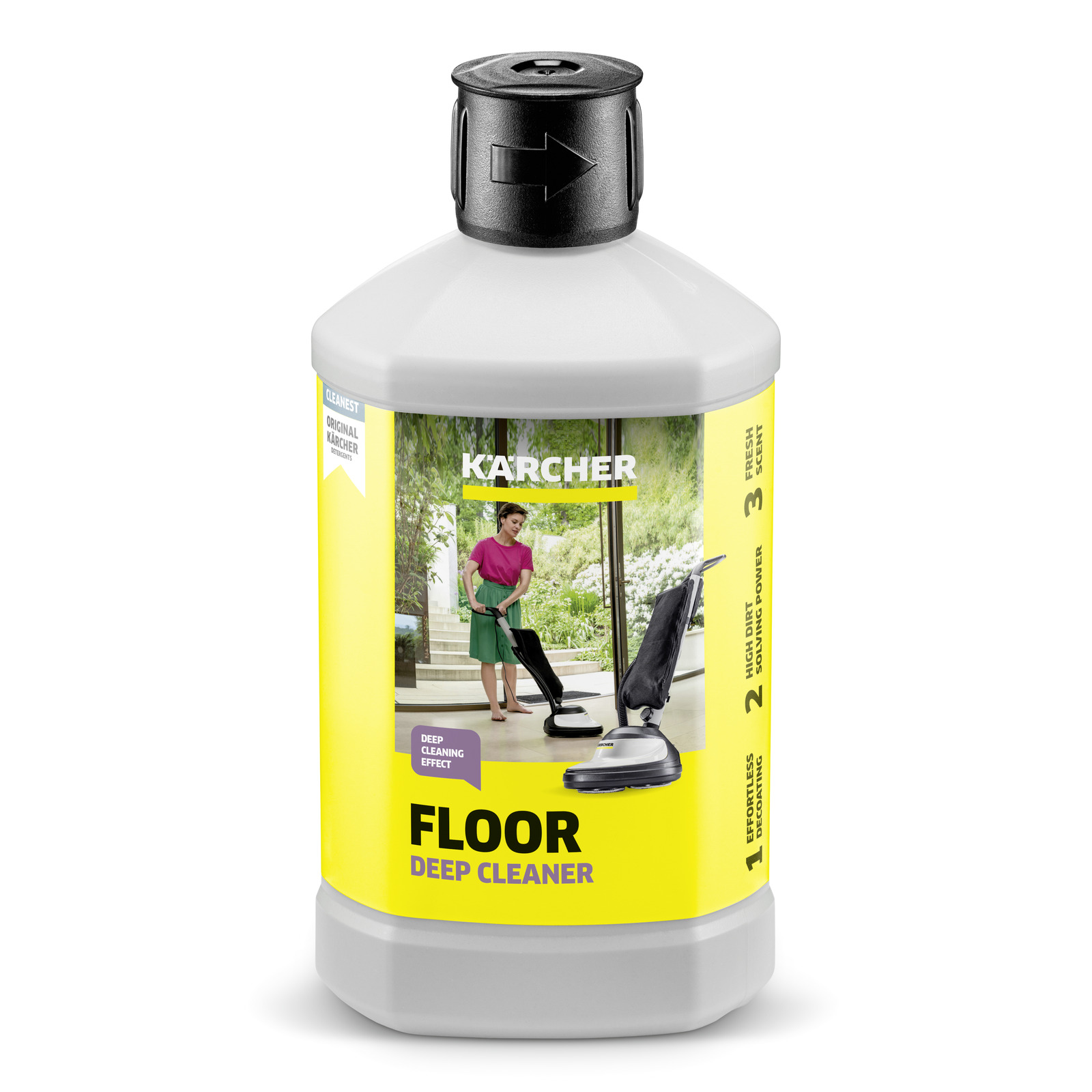 Kärcher Floor Deep Cleaner bottle with label showing a person using a floor cleaner indoors near large windows.