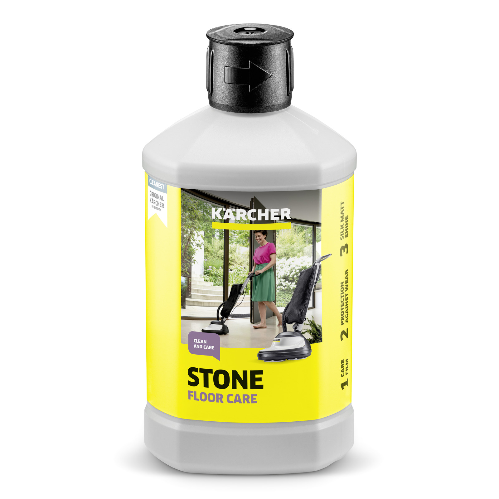 Kärcher Stone Floor Care bottle with a label showing a person cleaning a stone floor using a Kärcher floor cleaner. Kärcher Stone Floor Care bottle with a label showing a person cleaning a stone floor using a Kärcher floor cleaner.