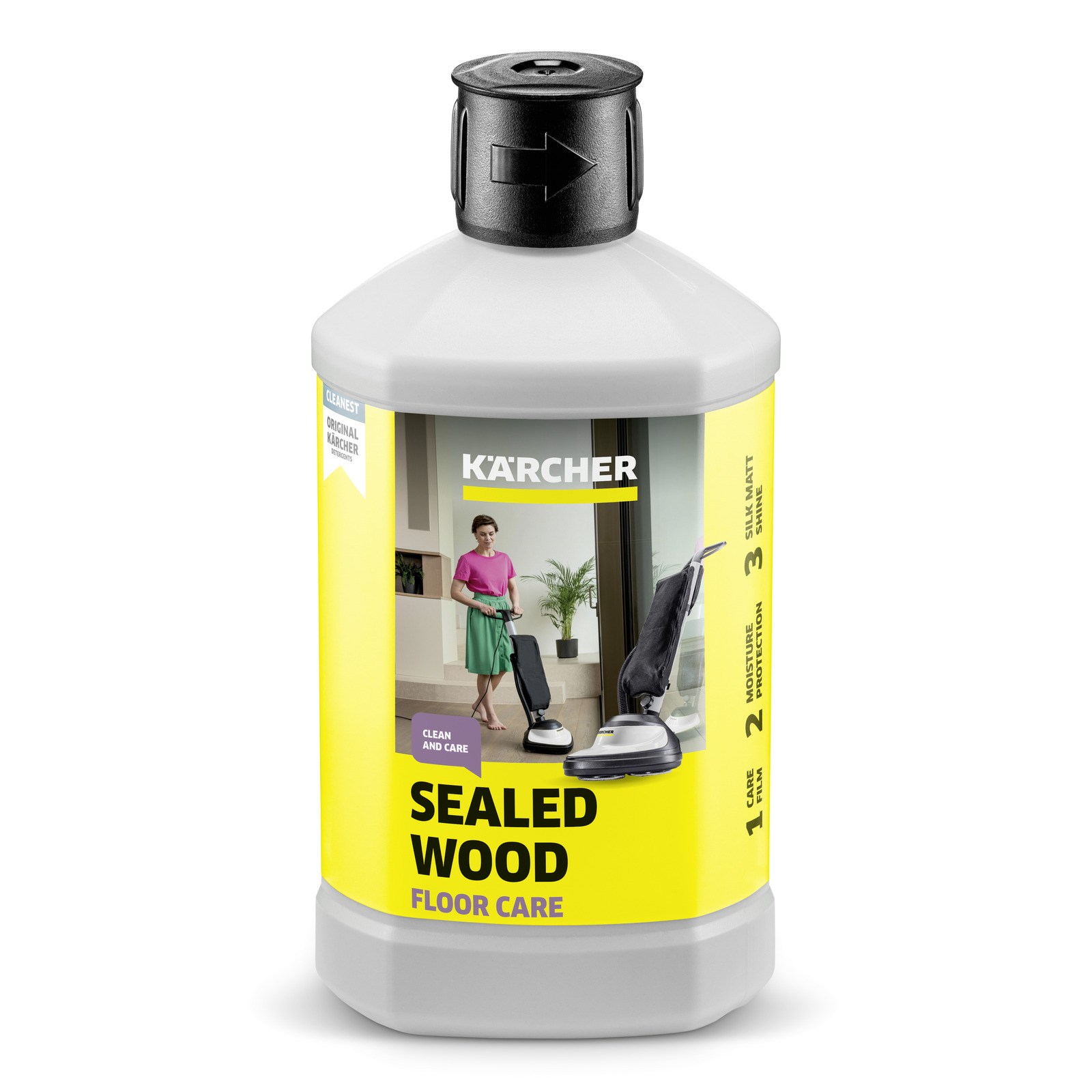 Kärcher Sealed Wood Floor Care bottle with label showing a person using a floor cleaner in a modern indoor setting.