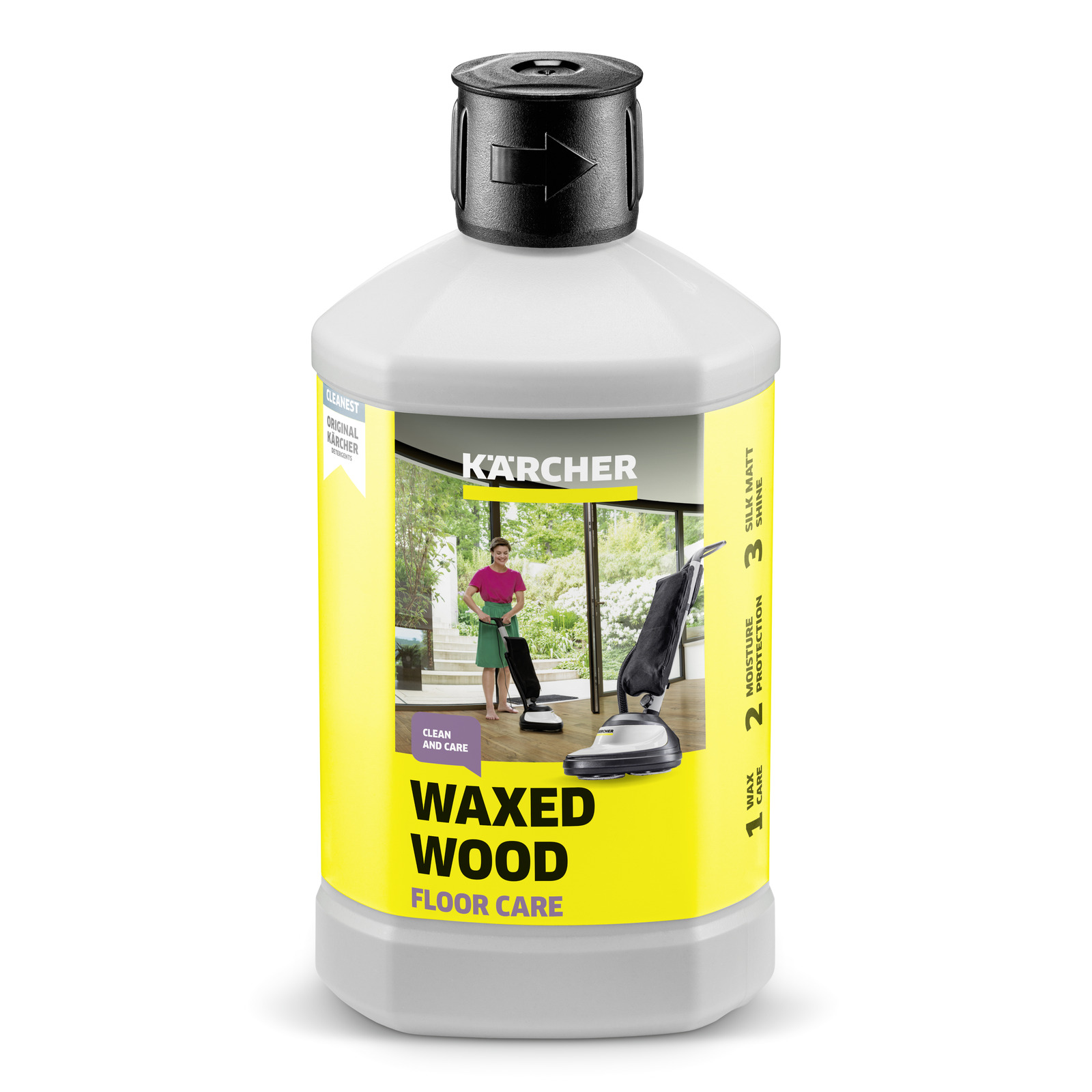 Kärcher Waxed Wood Floor Care bottle with label showing a person using a floor cleaner indoors.
