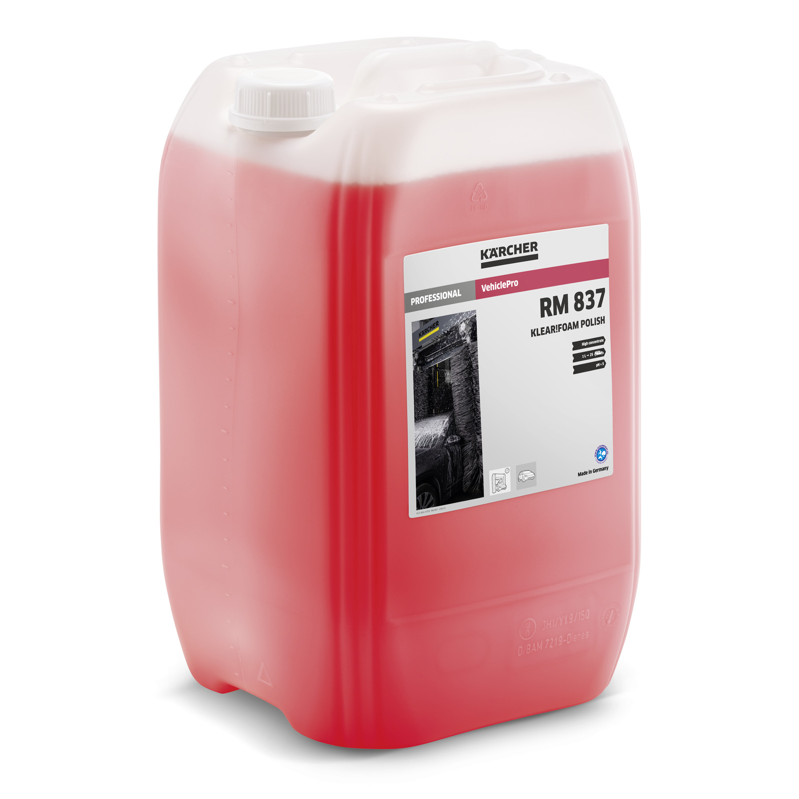 Red Kärcher RM 837 detergent container with label, featuring product details and a black and white image. Red Kärcher RM 837 detergent container with label, featuring product details and a black and white image.
