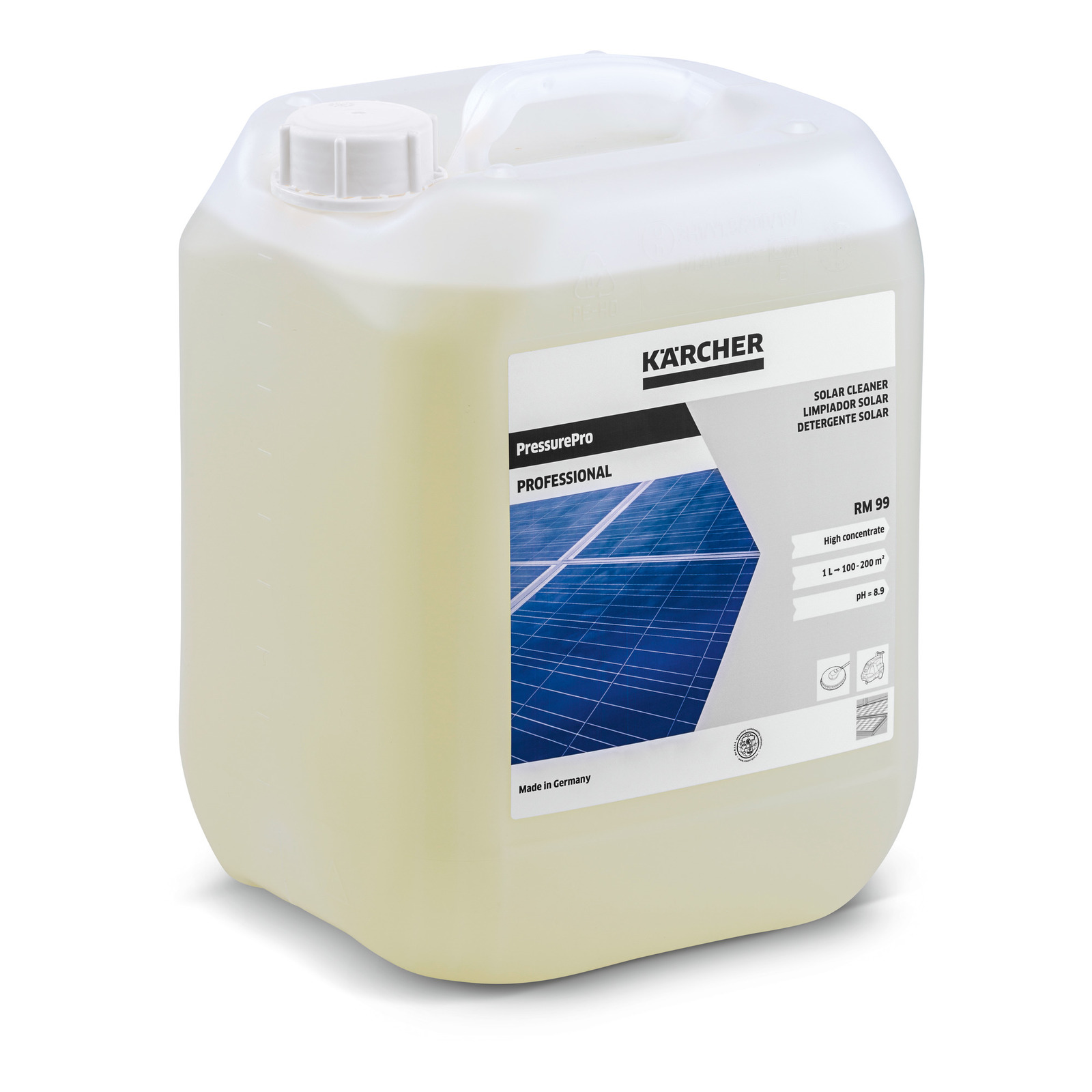Kärcher PressurePro RM 99 solar cleaner container with label showing solar panels. Kärcher PressurePro RM 99 solar cleaner container with label showing solar panels.